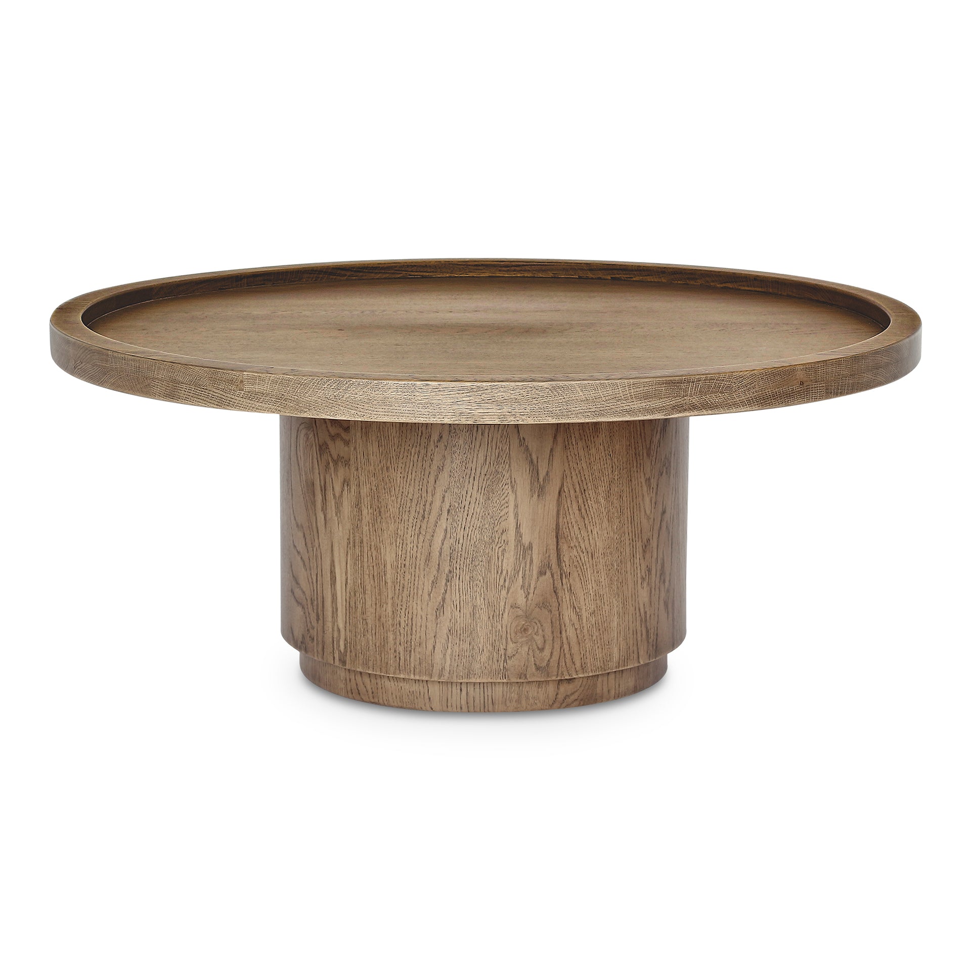 Solin Coffee Table, Round, Solid Oak and Iron, Brown Finish, Pedestal Base, Stain Resistant, Brown
