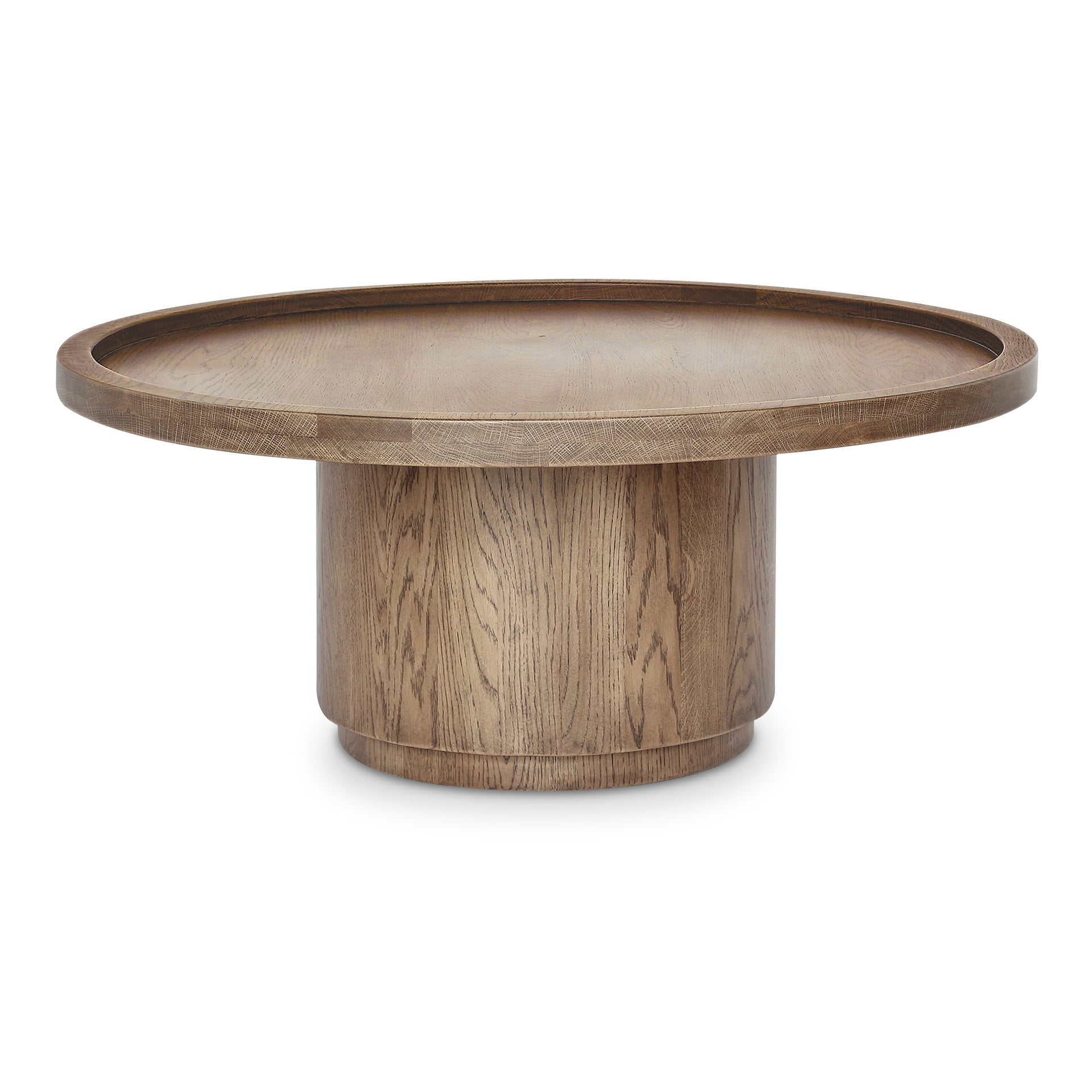 Solin Coffee Table, Round, Solid Oak and Iron, Brown Finish, Pedestal Base, Stain Resistant, Brown
