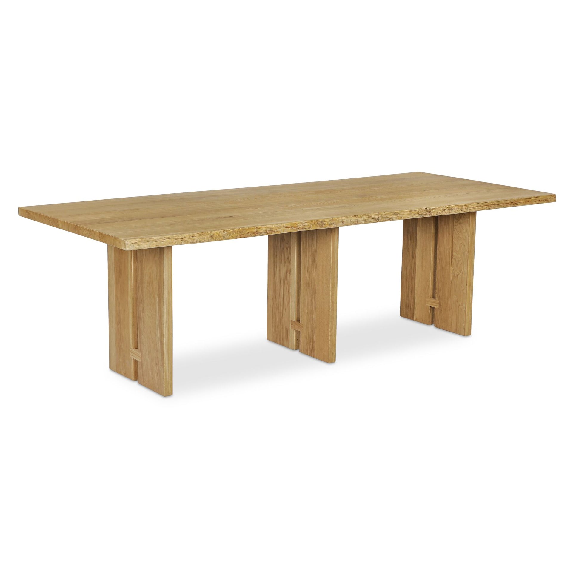Solenne Dining Table, Rectangular, Solid Oak Top, Iron Base, Natural Finish, Live-Edge Three-Leg Design, Natural