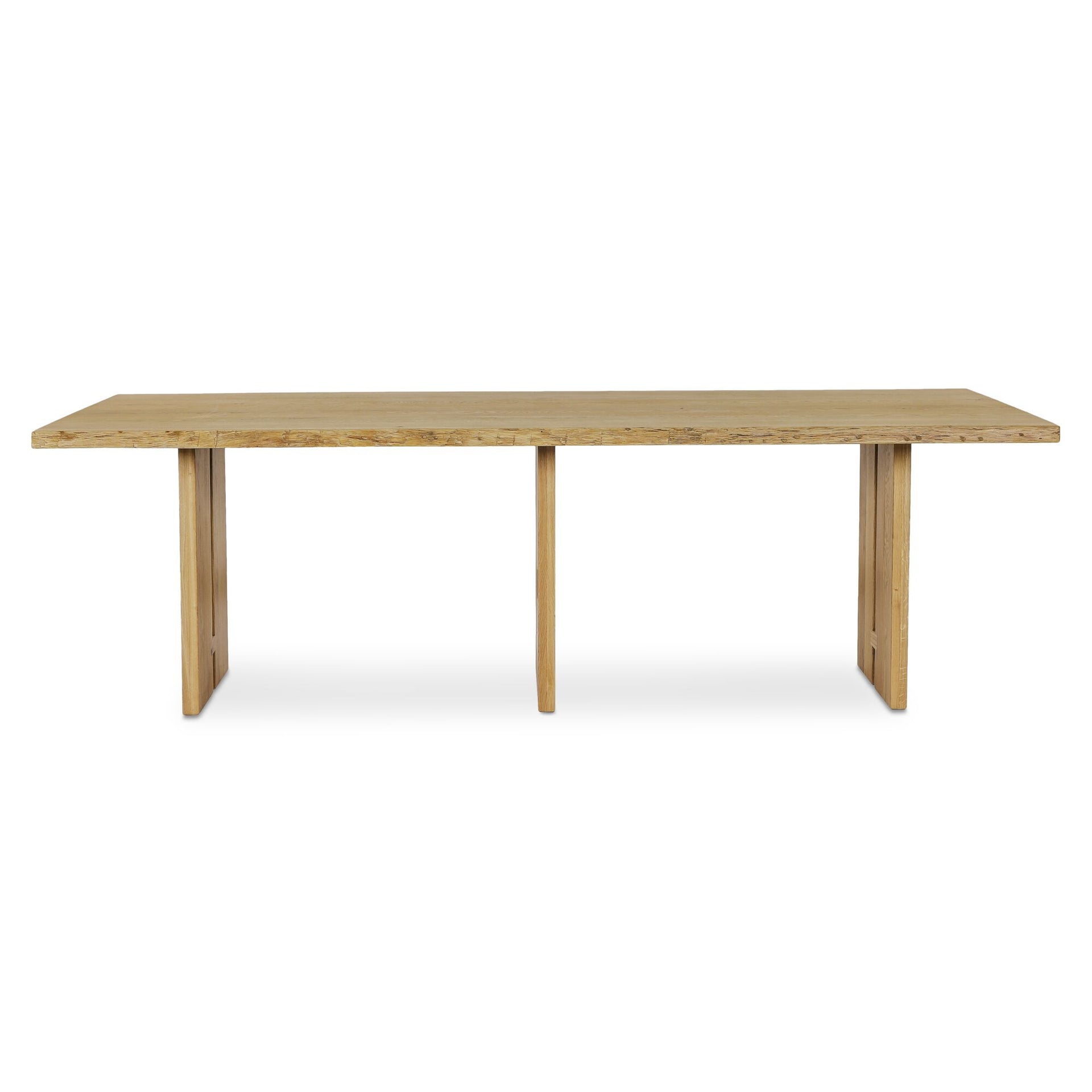 Solenne Dining Table, Rectangular, Solid Oak Top, Iron Base, Natural Finish, Live-Edge Three-Leg Design, Natural