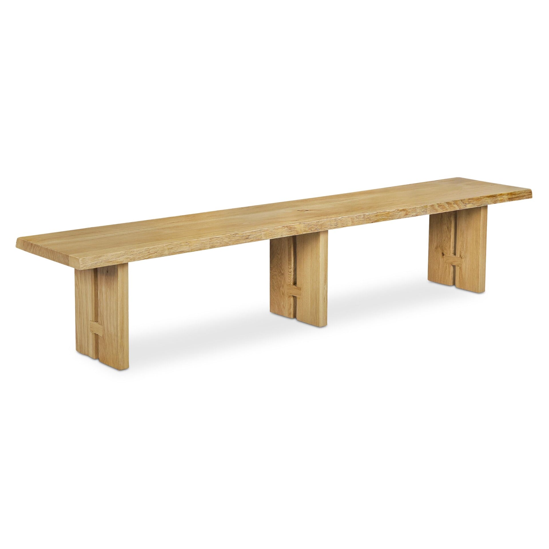 Solenne Dining Bench, Rectangular, Solid Oak Seat, Iron Base, Natural Finish, Live-Edge Three-Leg Design, Natural