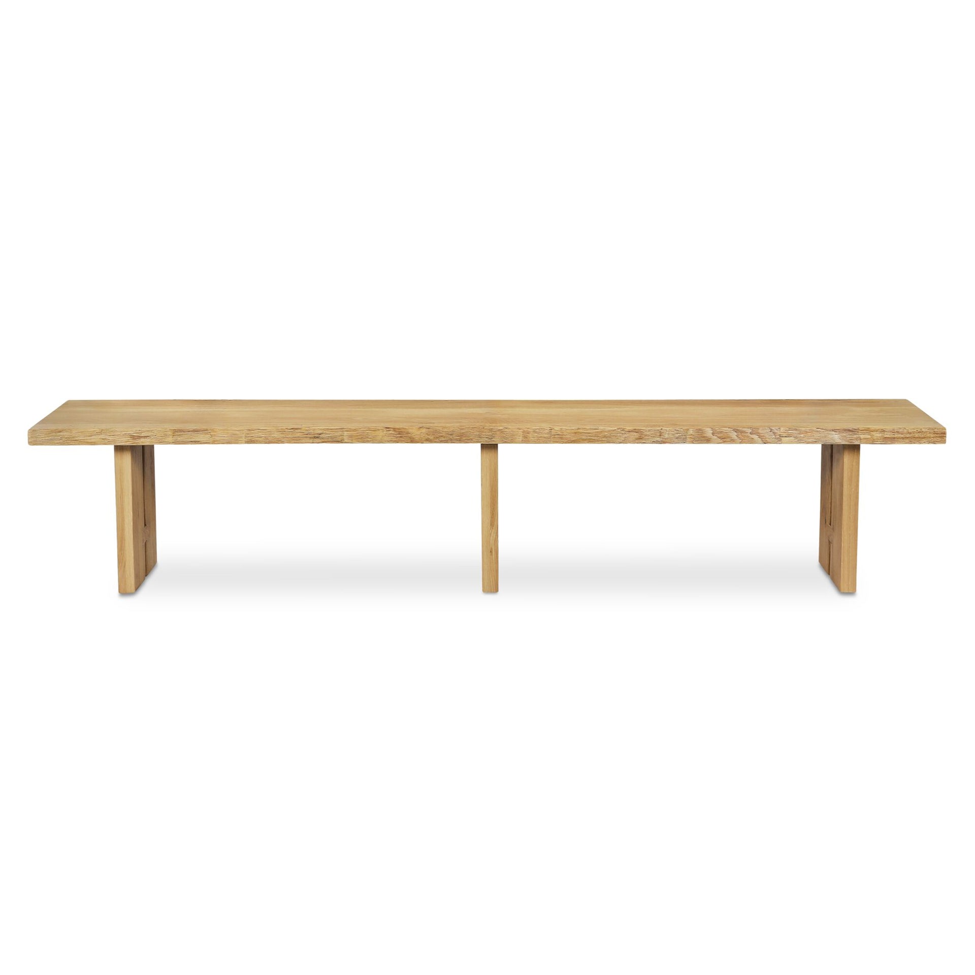 Solenne Dining Bench, Rectangular, Solid Oak Seat, Iron Base, Natural Finish, Live-Edge Three-Leg Design, Natural