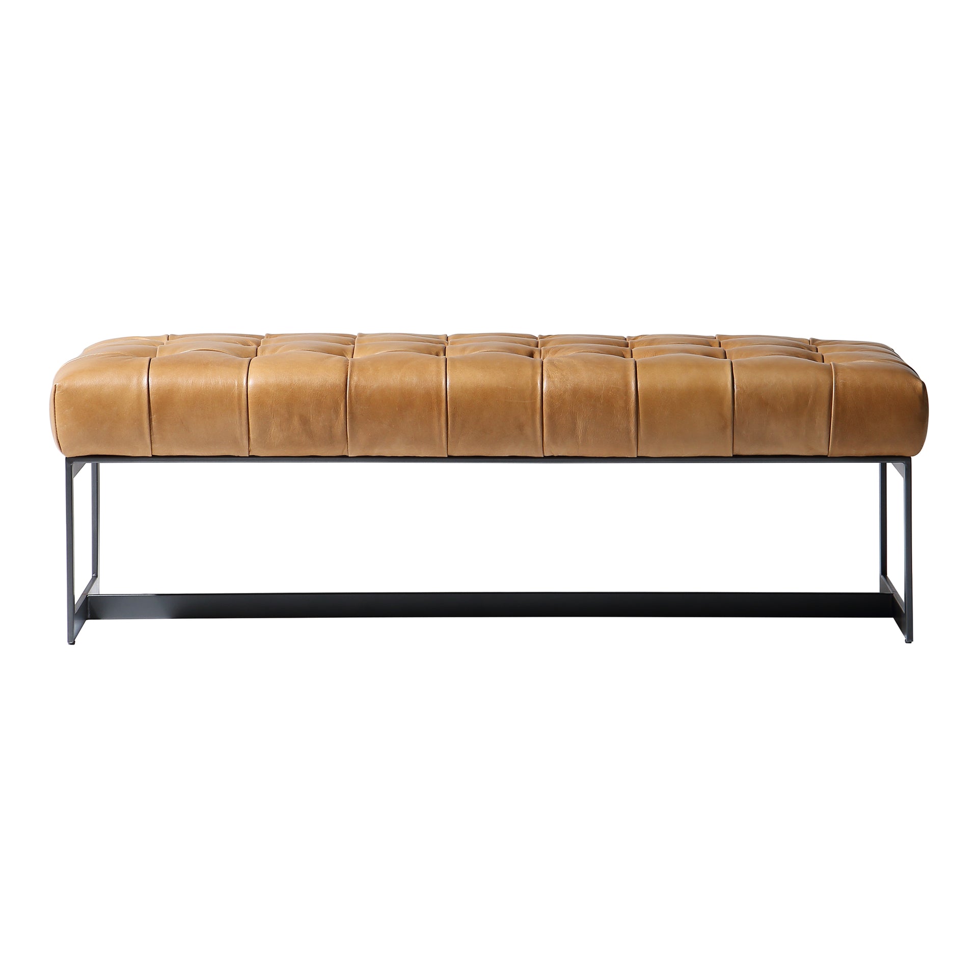 Zoey Bench, Rectangular Top-Grain Buffalo Leather with Iron Base, Tan