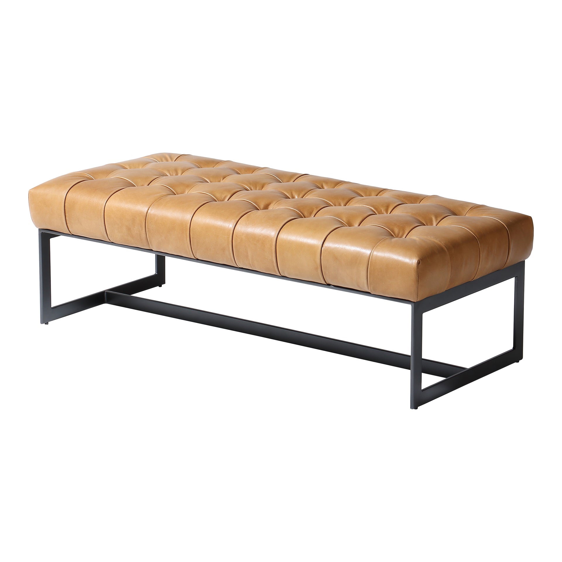 Zoey Bench, Rectangular Top-Grain Buffalo Leather with Iron Base, Tan