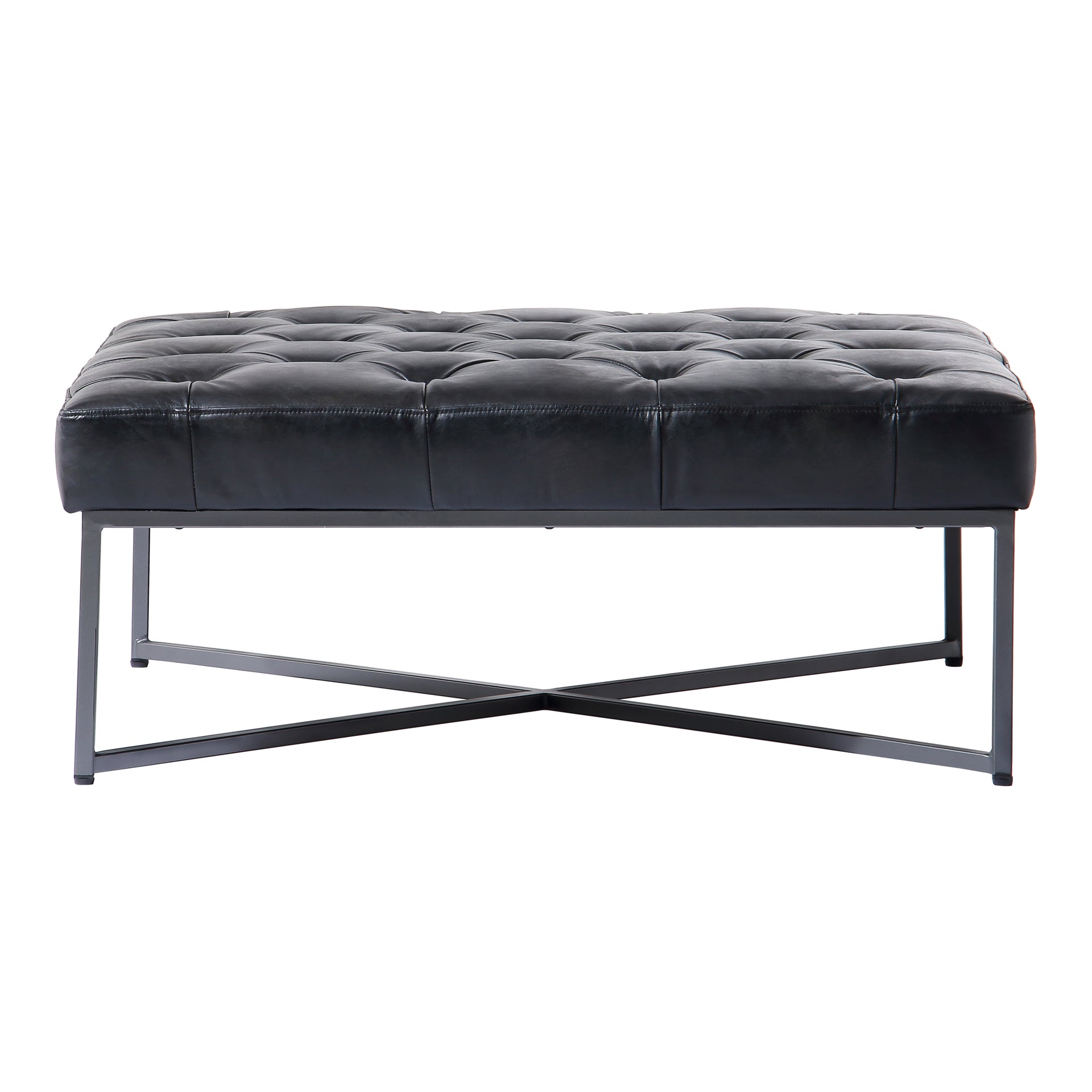 Zane Coffee Table, Square Tufted Top-Grain Buffalo Leather with Iron Legs, Black