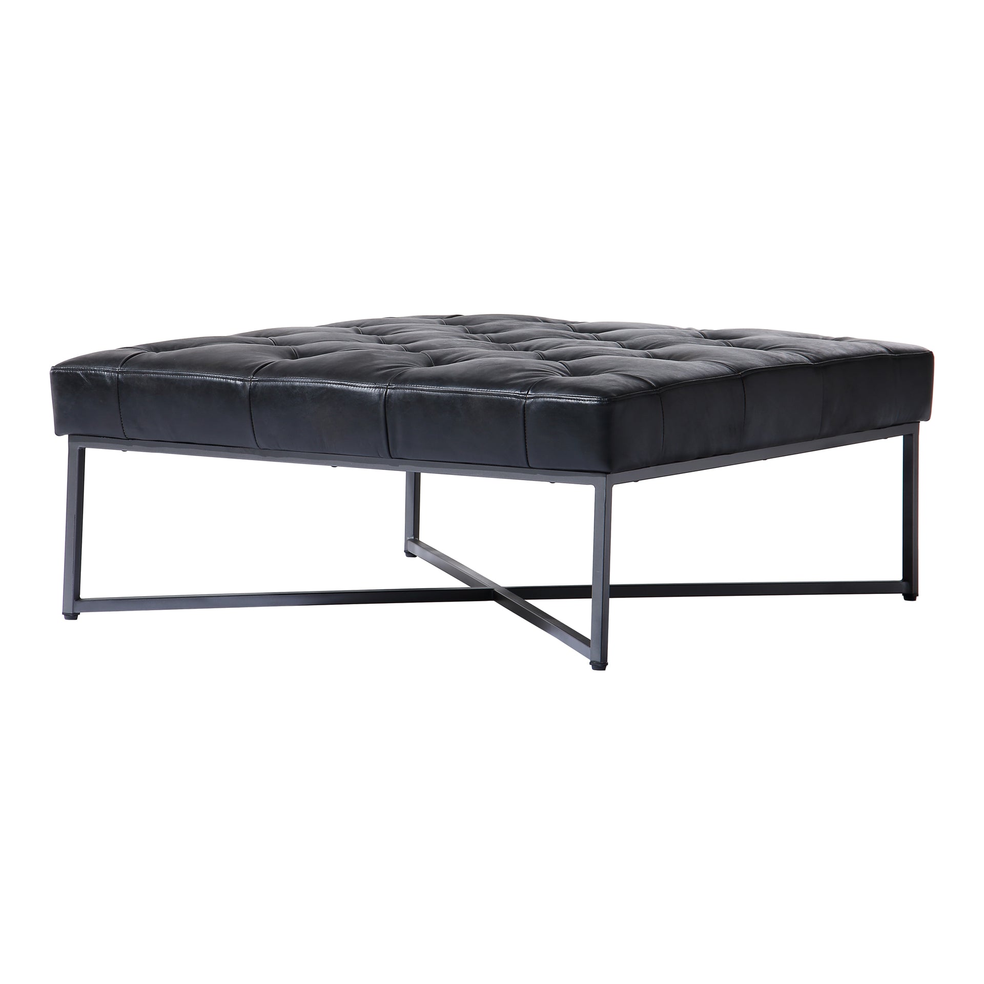 Zane Coffee Table, Square Tufted Top-Grain Buffalo Leather with Iron Legs, Black