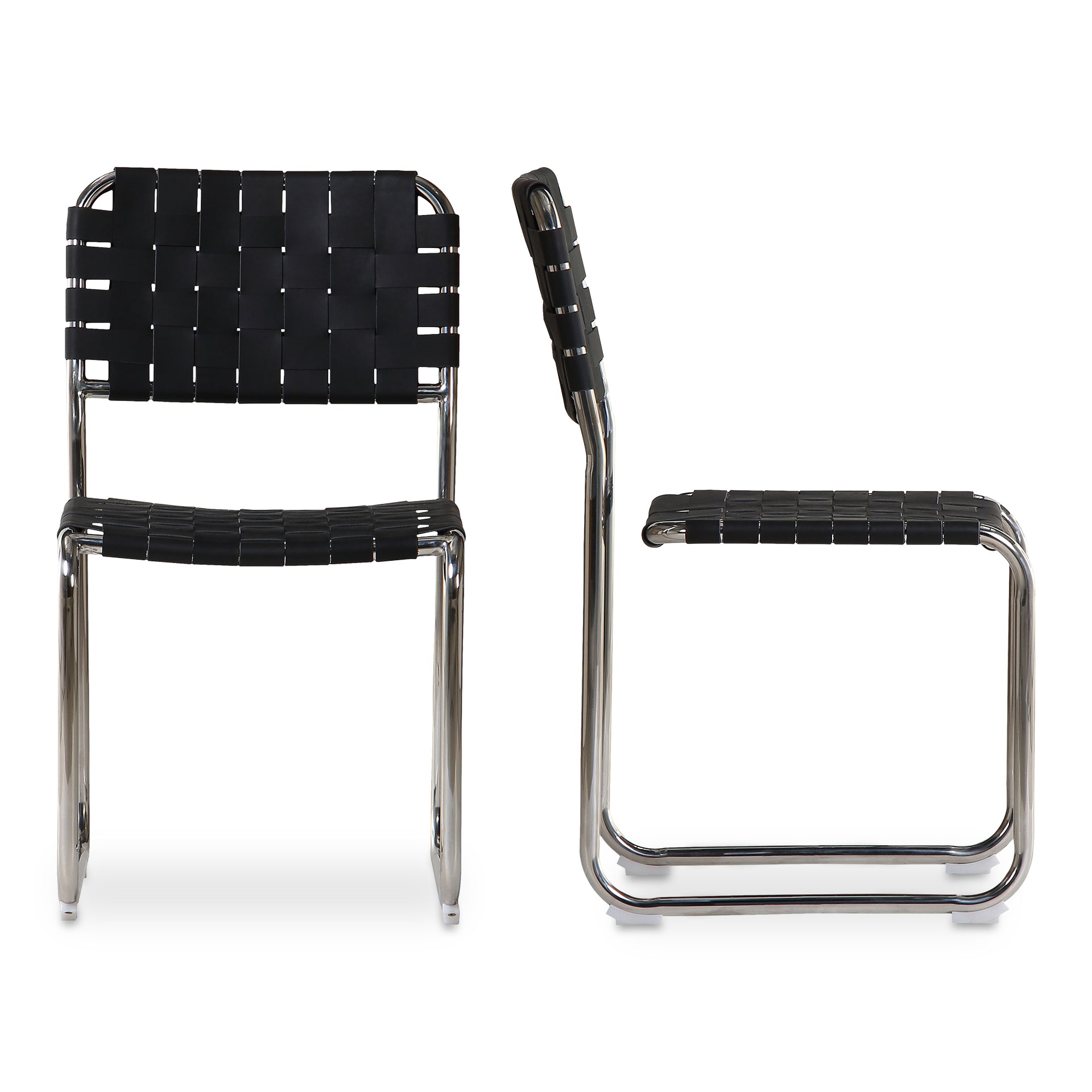Kaia Dining Chair, Top Grain Leather, Stainless Steel Frame, Black Leather - Set of 2