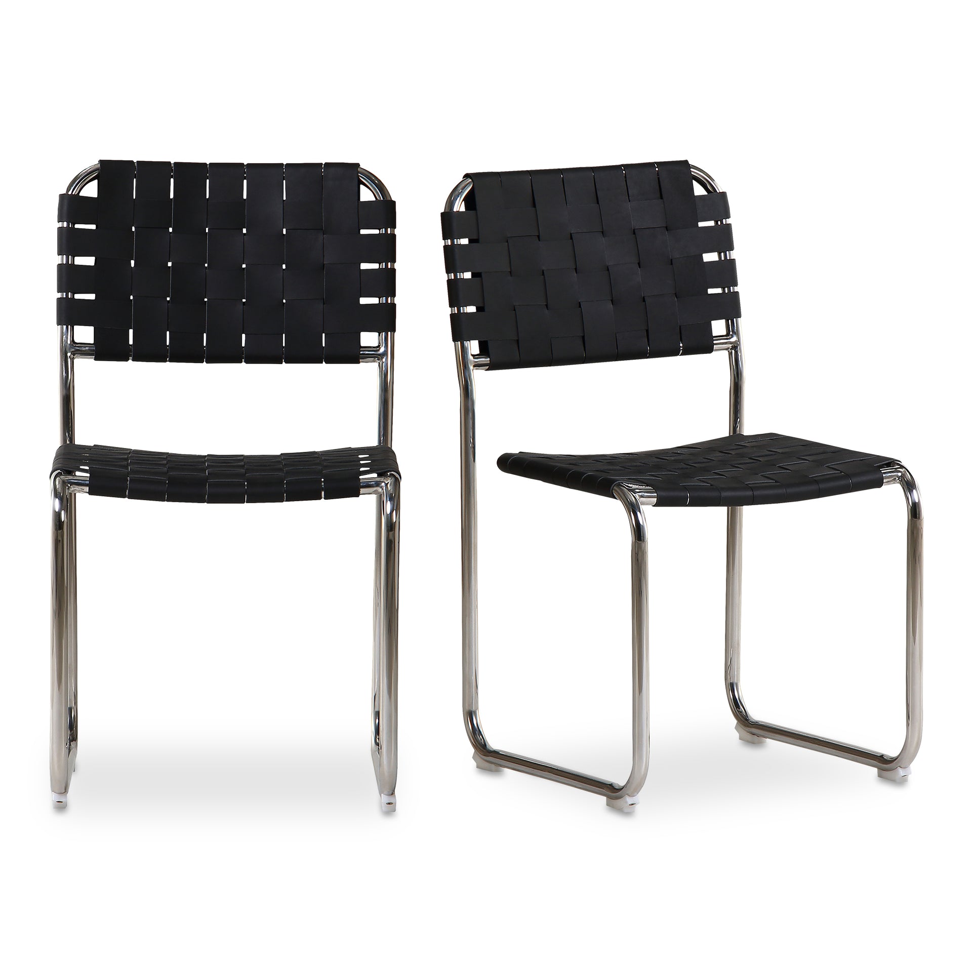 Kaia Dining Chair, Top Grain Leather, Stainless Steel Frame, Black Leather - Set of 2