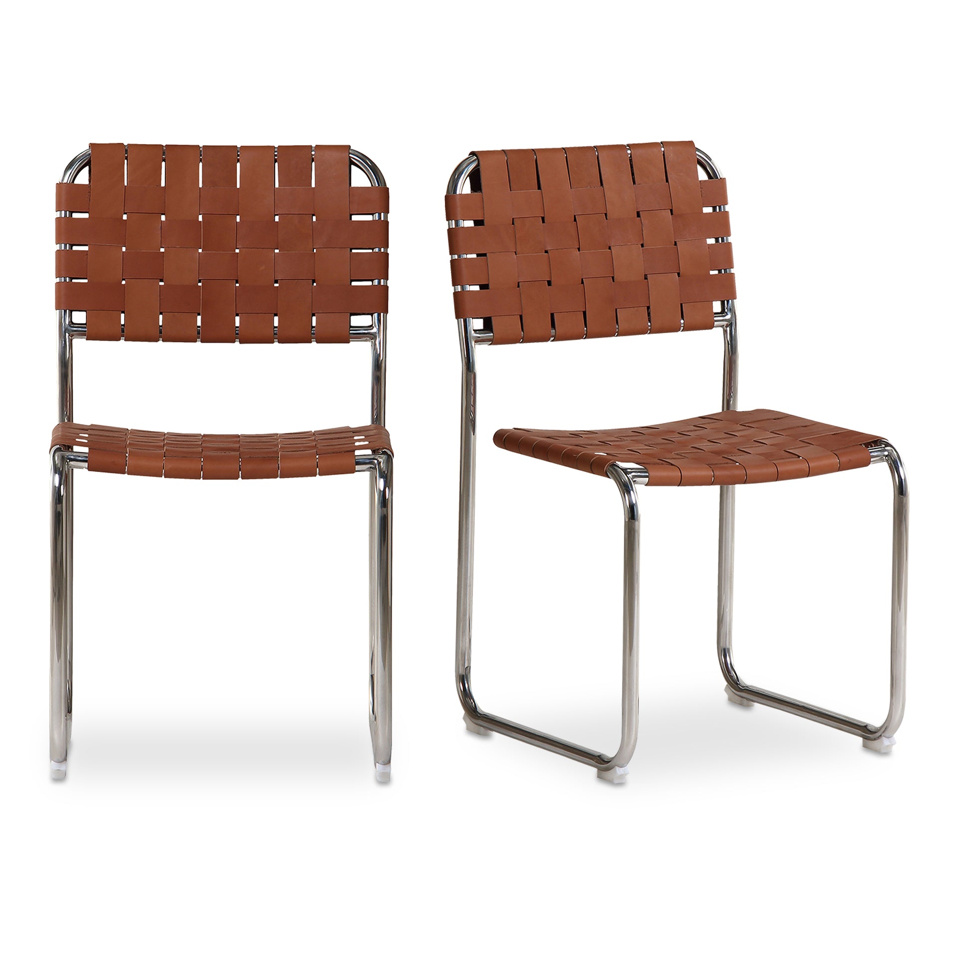 Kaia Dining Chair, Top Grain Leather, Stainless Steel Frame, Brown Leather - Set of 2