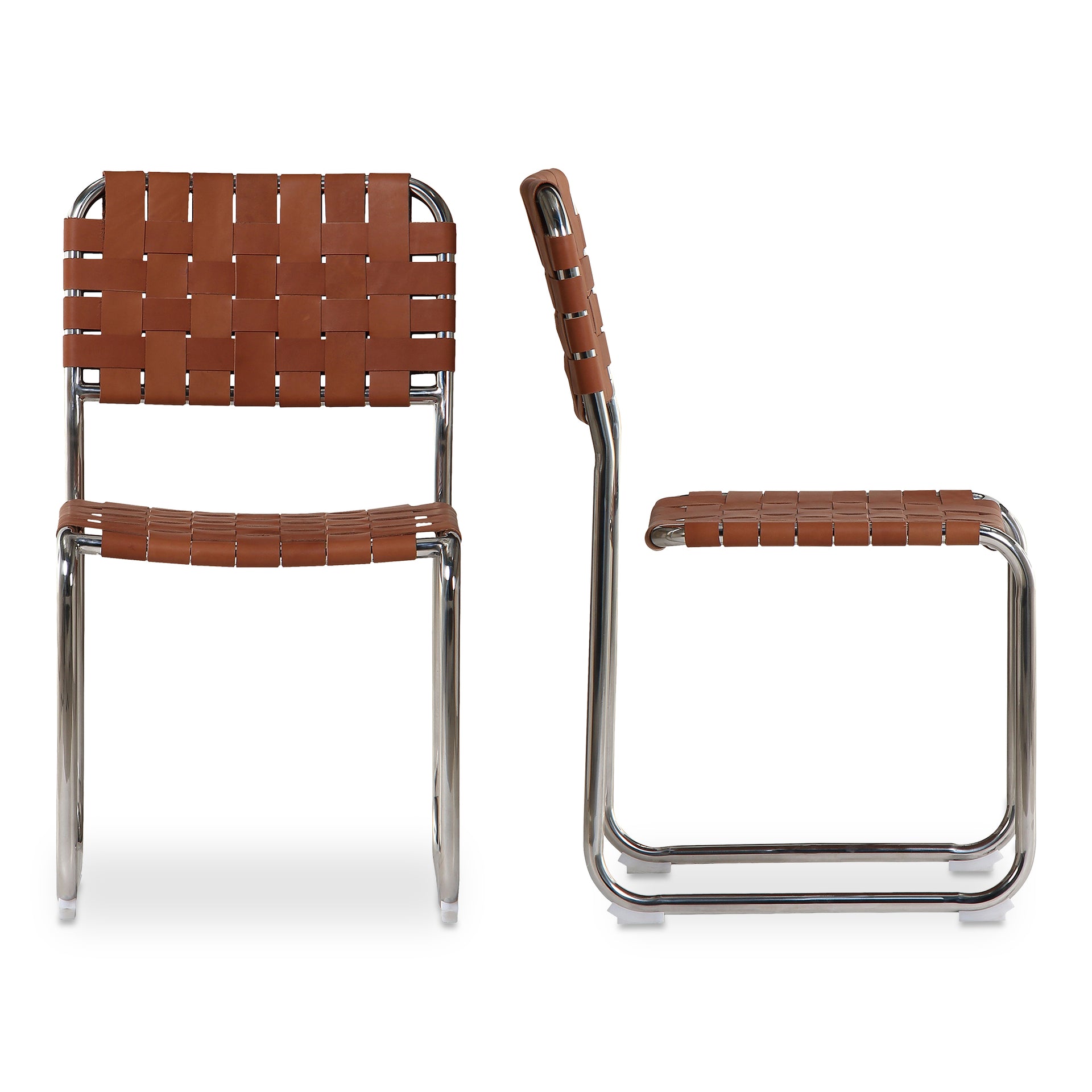 Kaia Dining Chair, Top Grain Leather, Stainless Steel Frame, Brown Leather - Set of 2