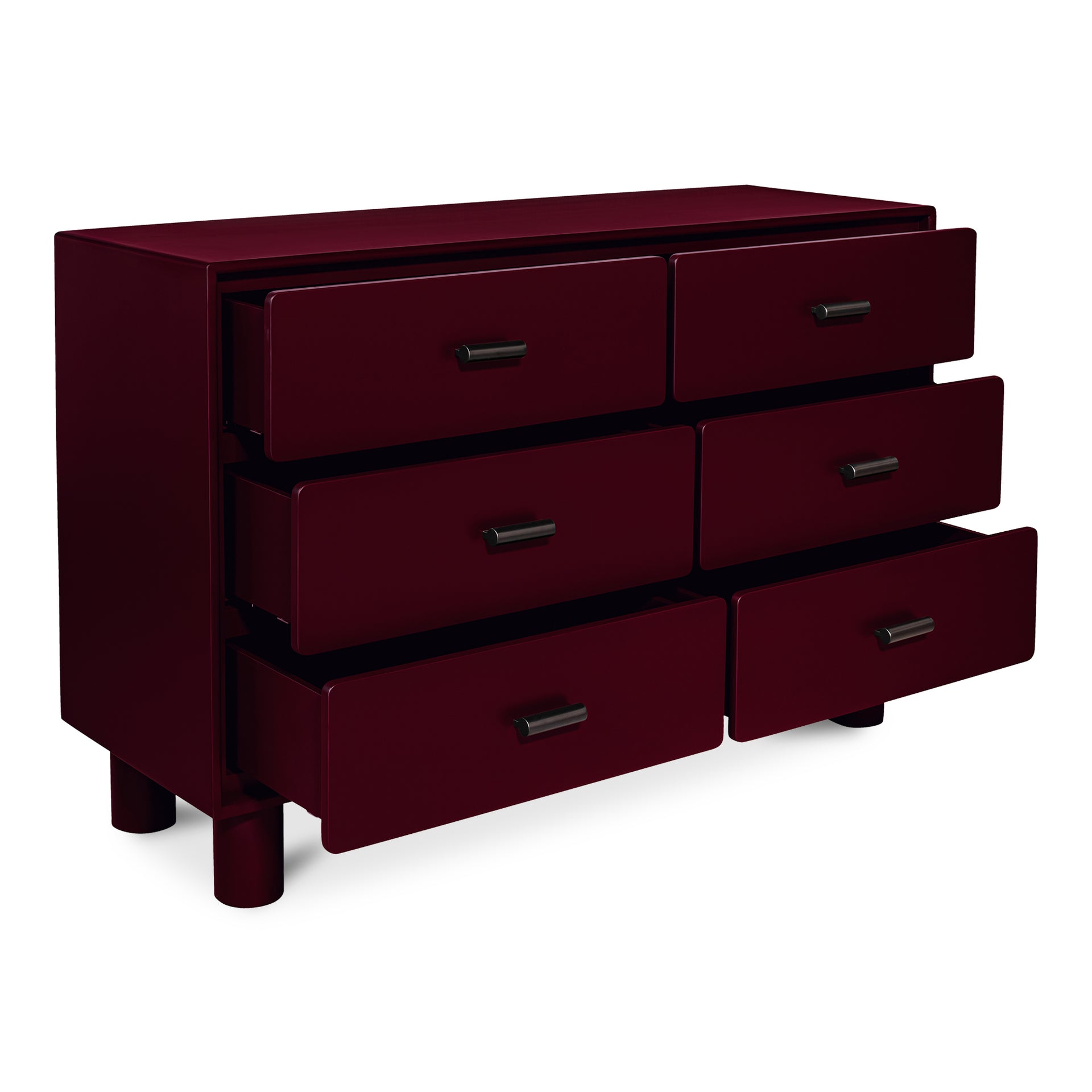 Saryn Dresser, 6 Drawer Deep Red with Playful Legs and Open Shelf, Rubberwood Frame, Modern Style