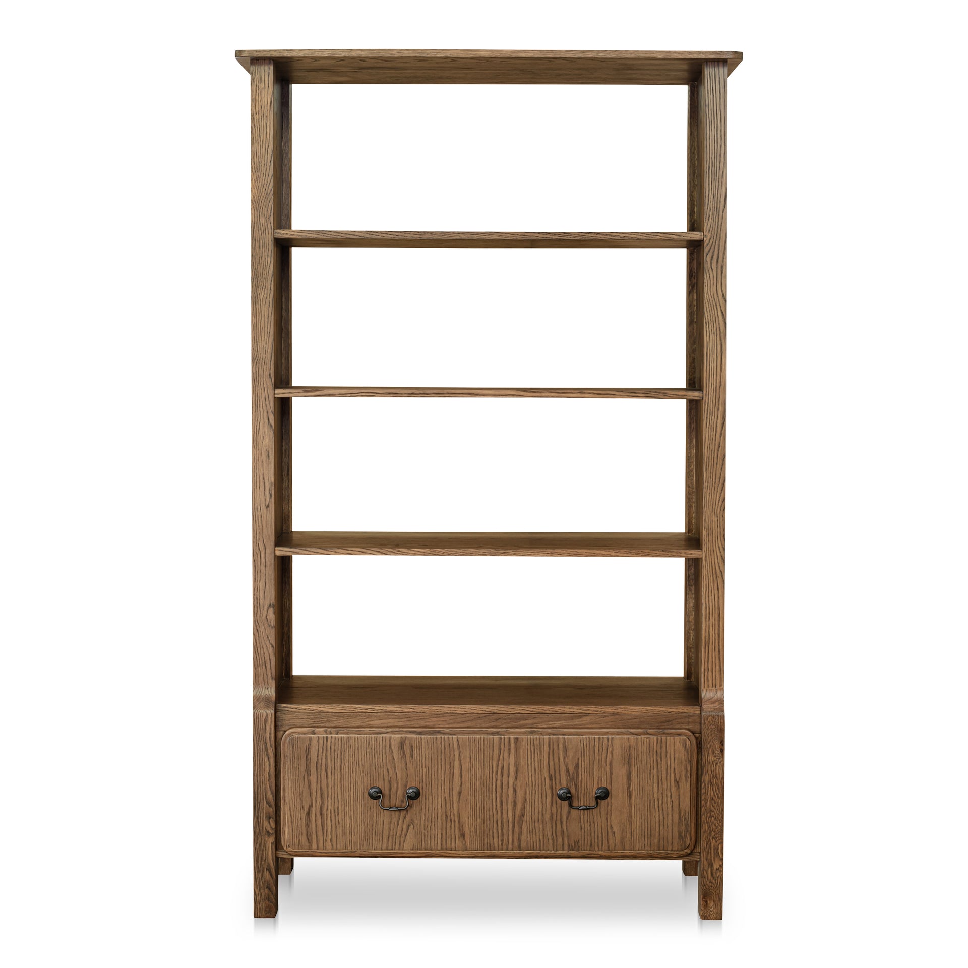 Bastian Bookshelf, Solid Oak Frame, Overhang Detail, 4 Shelves & Drawer, Warm Brown