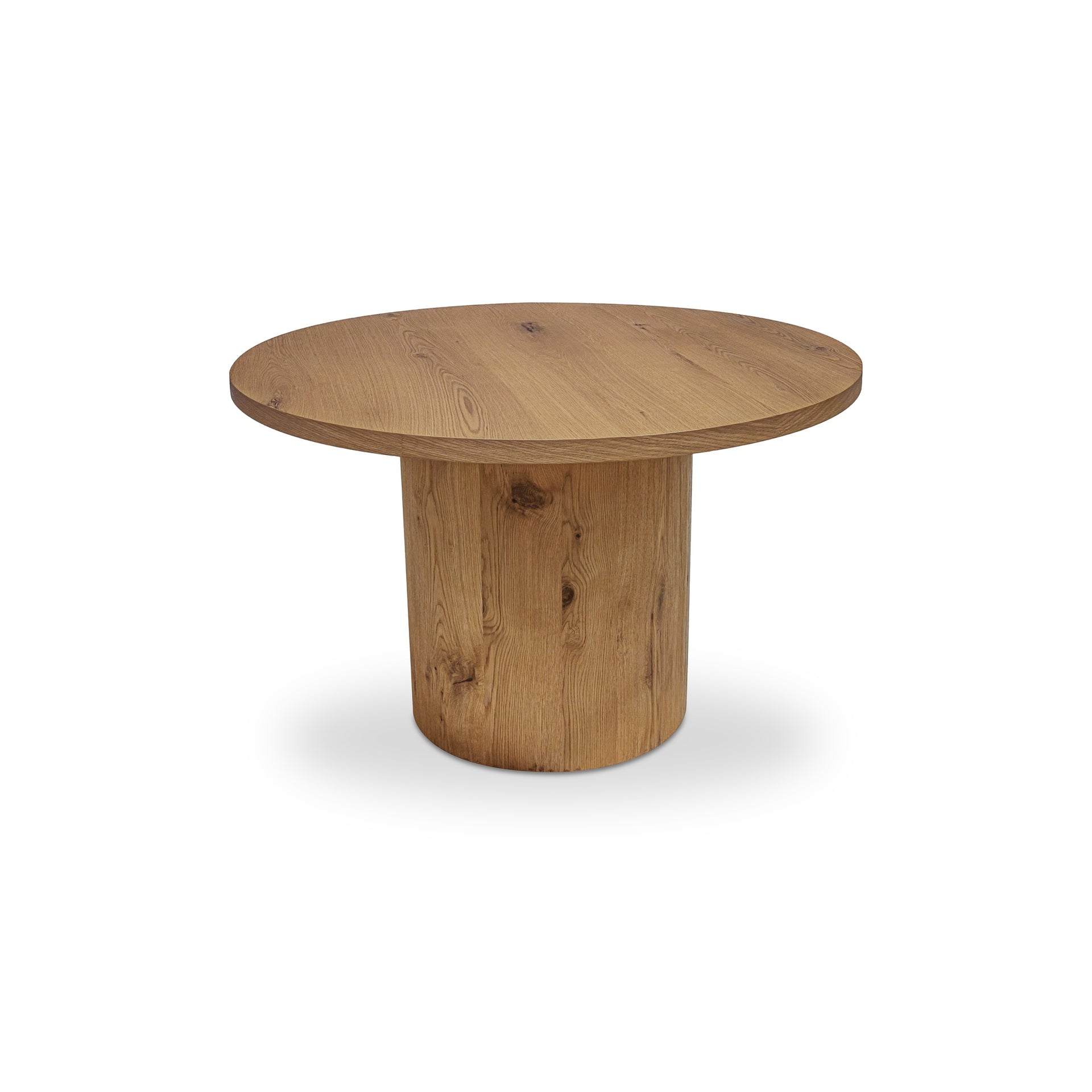 Varen Dining Table, Round Thick Rustic Oak Veneer Top, Cylindrical Pedestal Base, Natural Finish