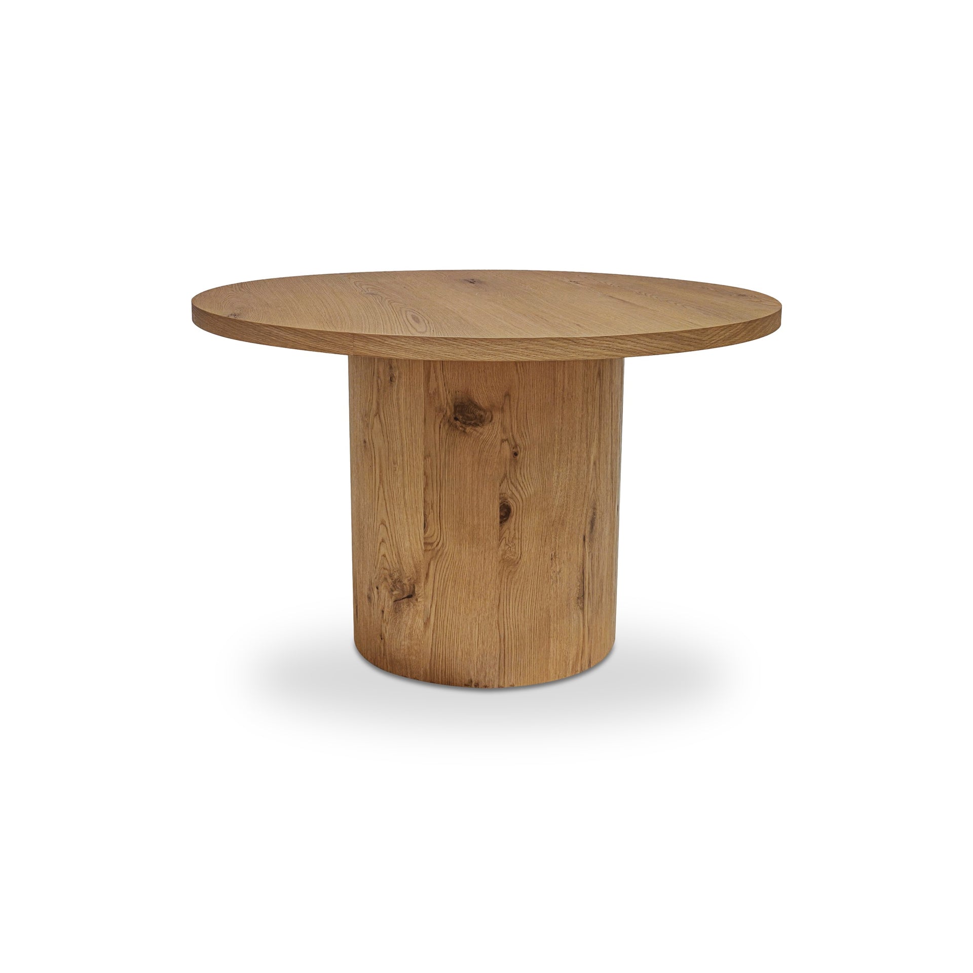 Varen Dining Table, Round Thick Rustic Oak Veneer Top, Cylindrical Pedestal Base, Natural Finish