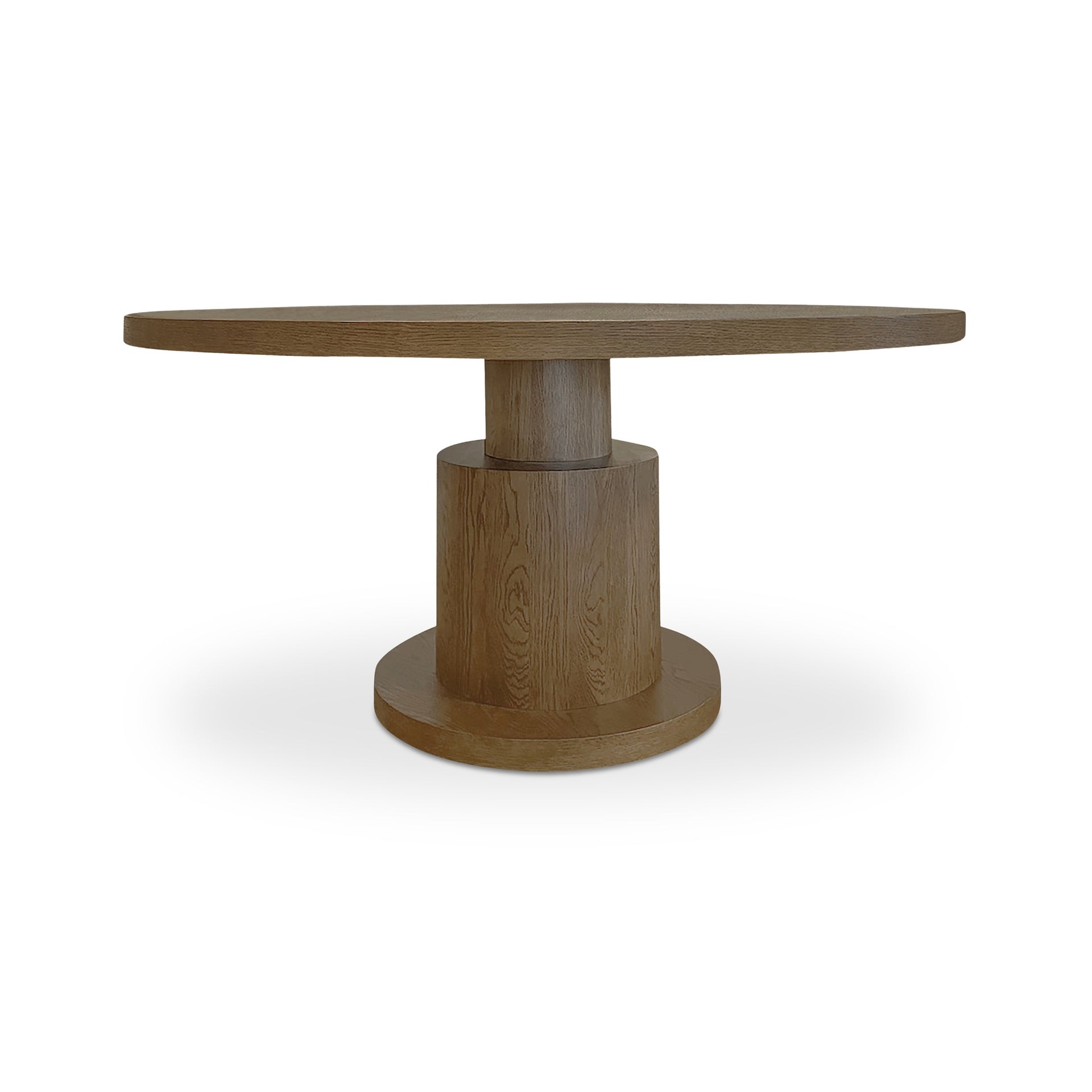Amelina Dining Table, Round Oak Veneer Top, Layered Column Pedestal Base, Brown