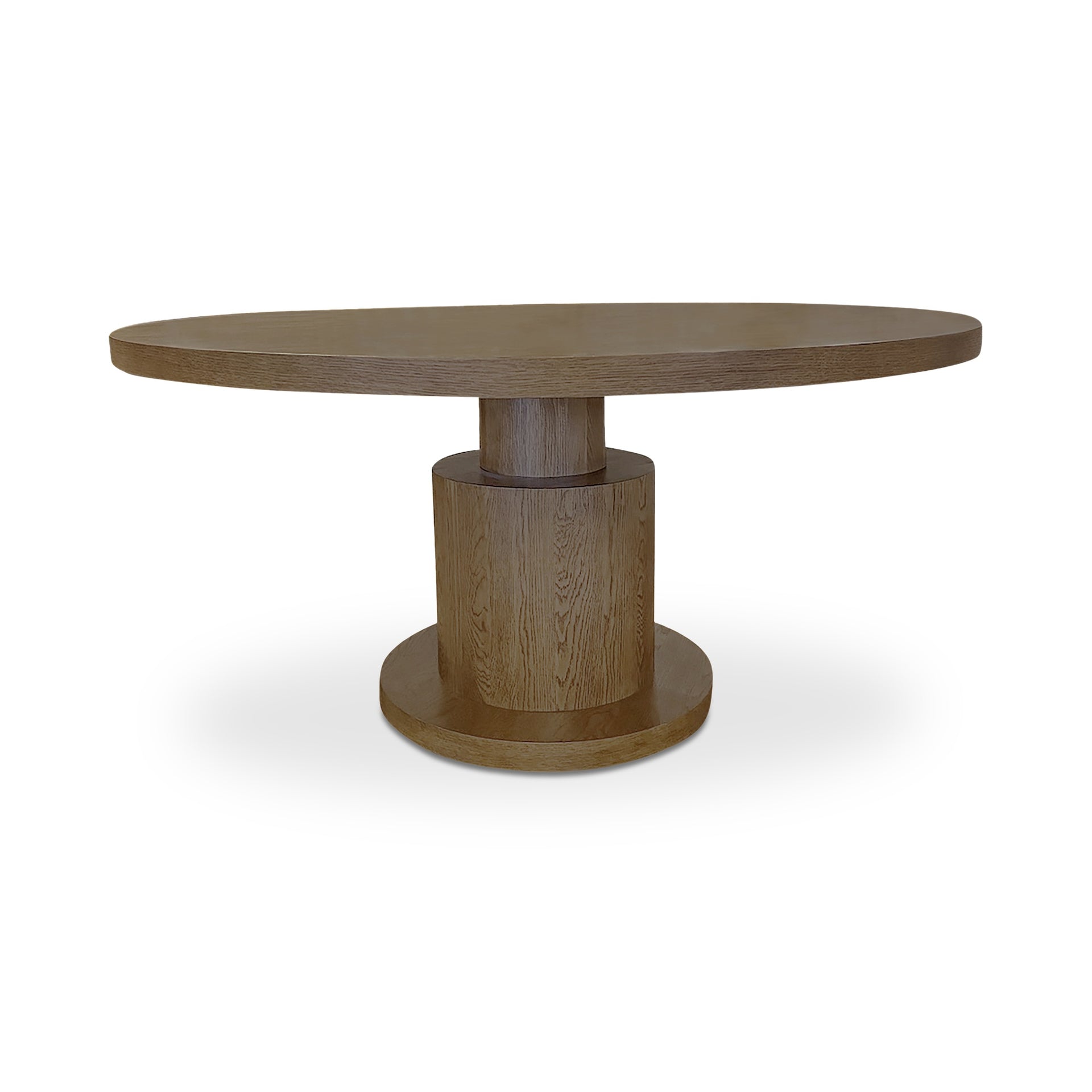 Amelina Dining Table, Round Oak Veneer Top, Layered Column Pedestal Base, Brown