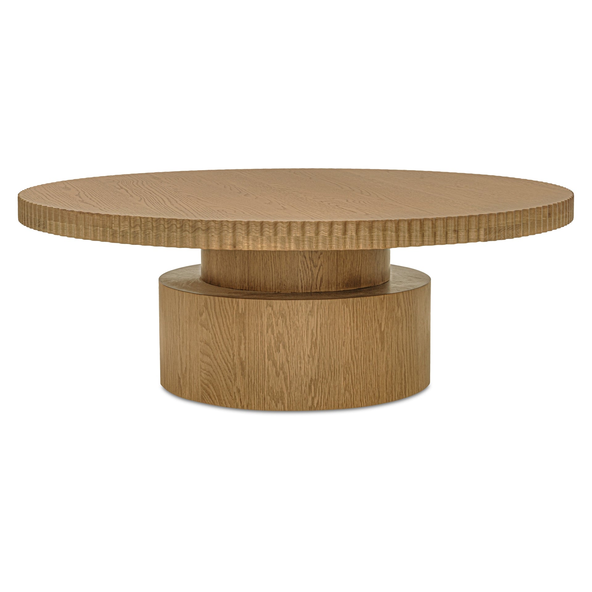 Whitley Coffee Table, Round, Oak, Fluted Edge, Adjustable Glides, Stain Resistant, Brown