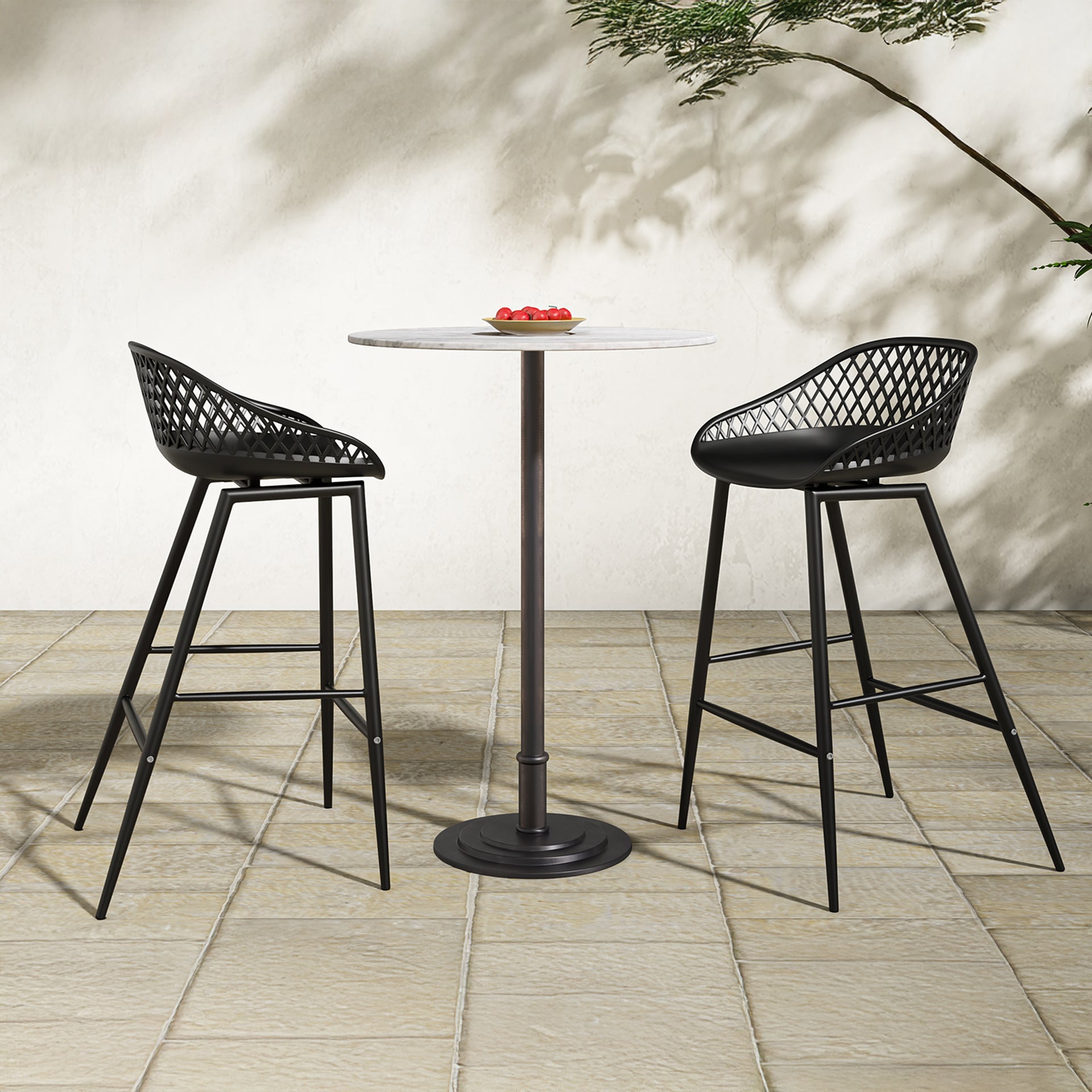 Florence Counter Stool, Curved Polypropylene Seat with Steel Legs, Black - Set of 2