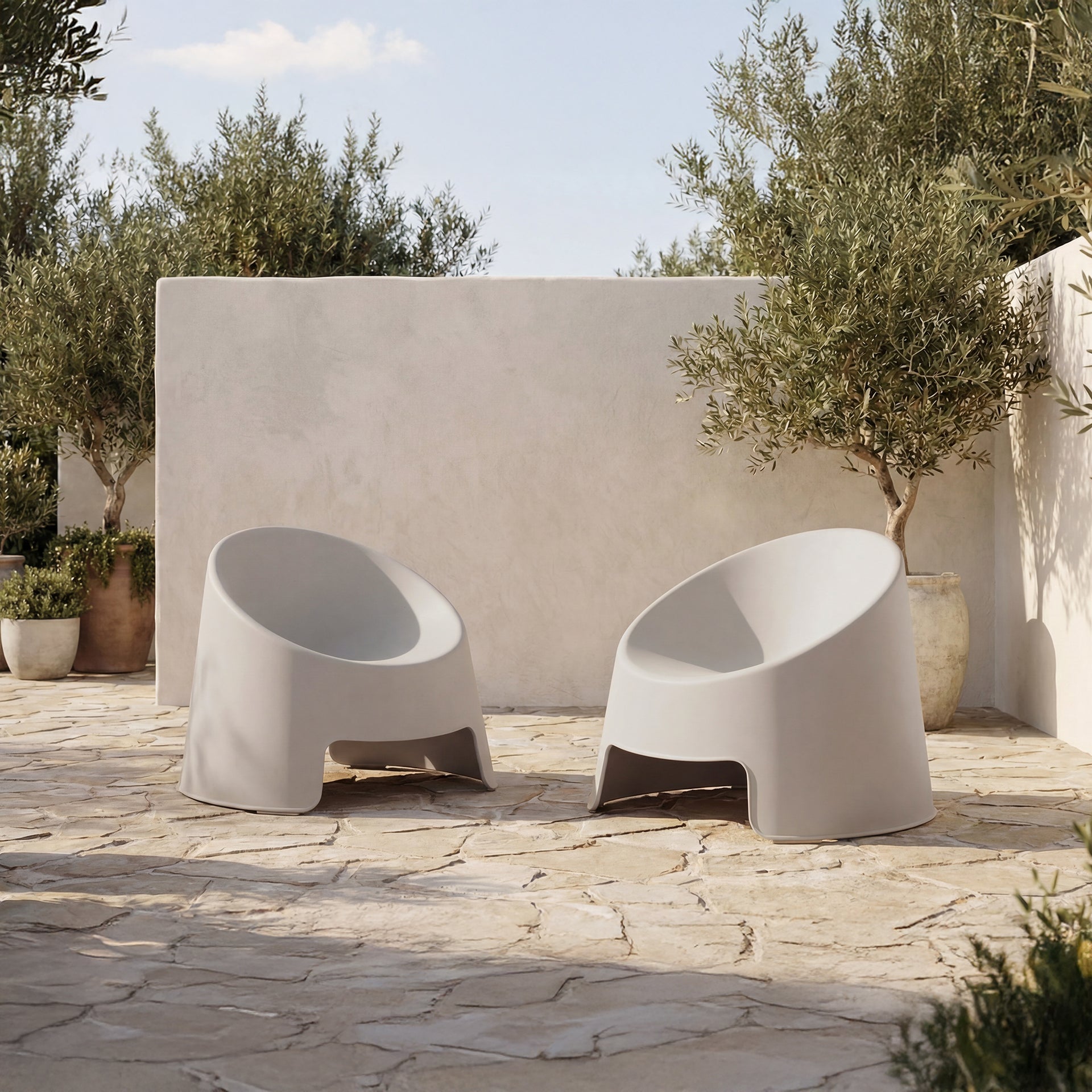 Mavrik Outdoor Chair, Barrel Silhouette, All-Weather Polypropylene, Stackable, Water Resistant, Light Gray - Set of 2
