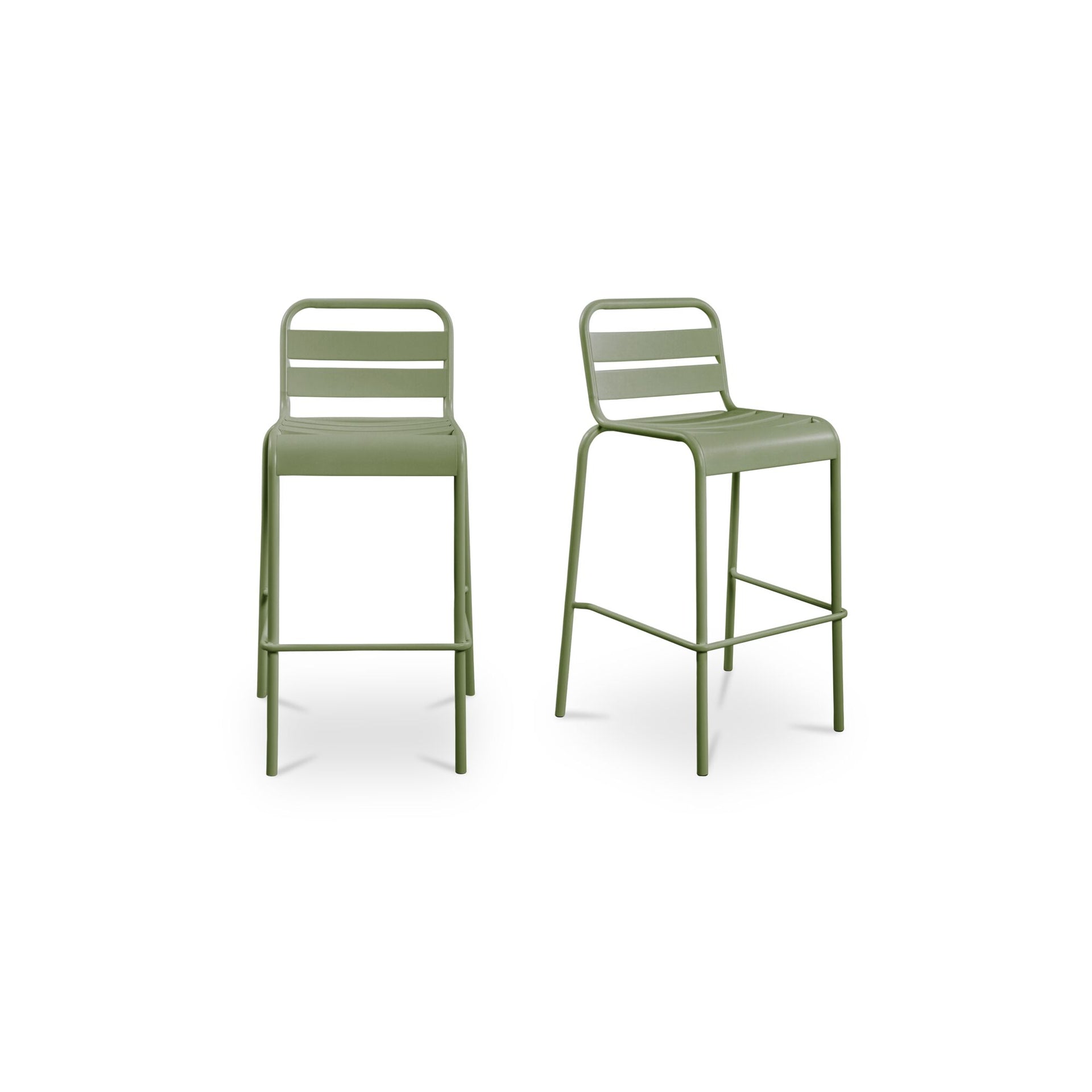 Kasper Outdoor Stool, Slatted Seat and Back, All-Steel Frame, Water Resistant, Green - Set of 2