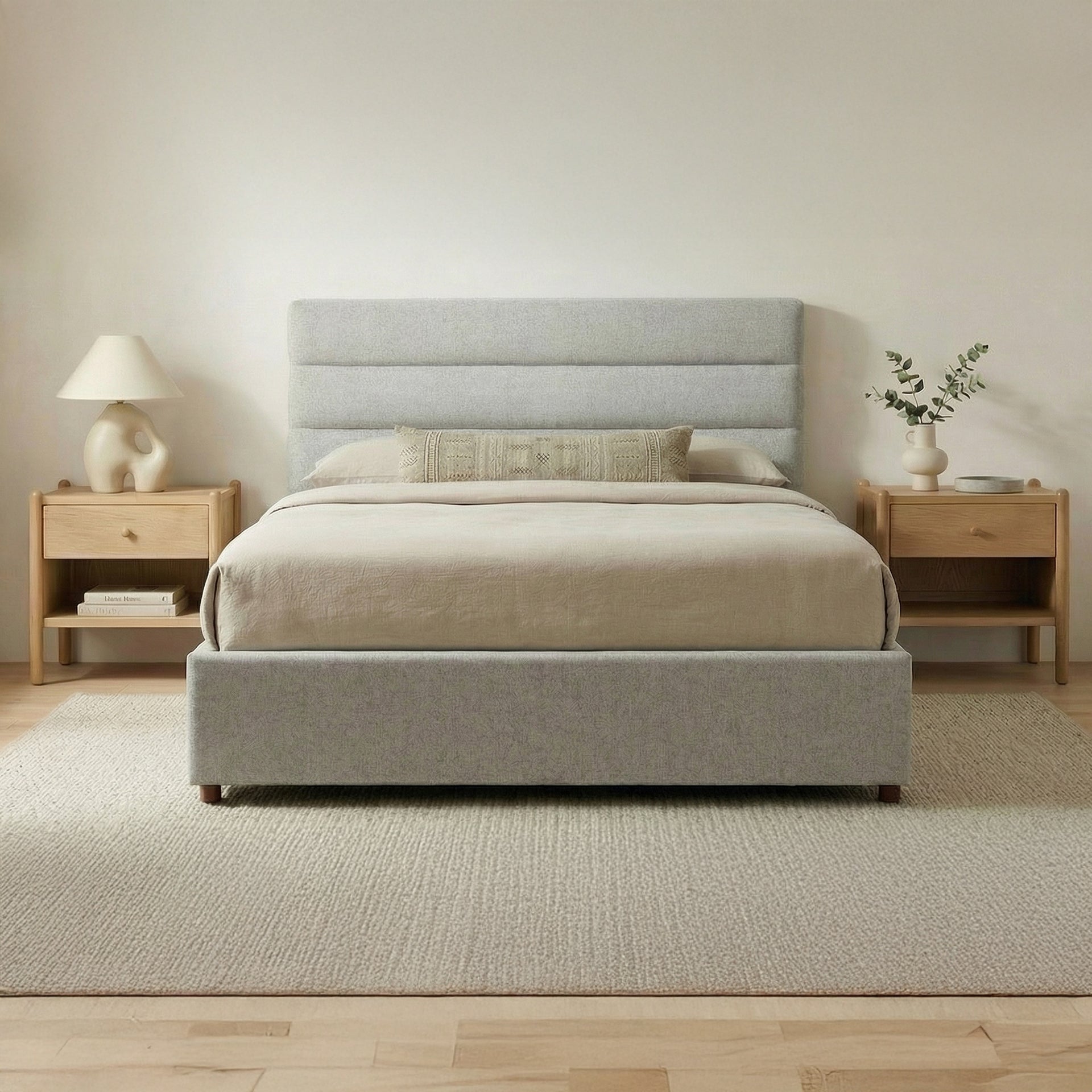 Clayton Queen Bed - 100% Polyester Upholstery with Solid Pine in Light Grey