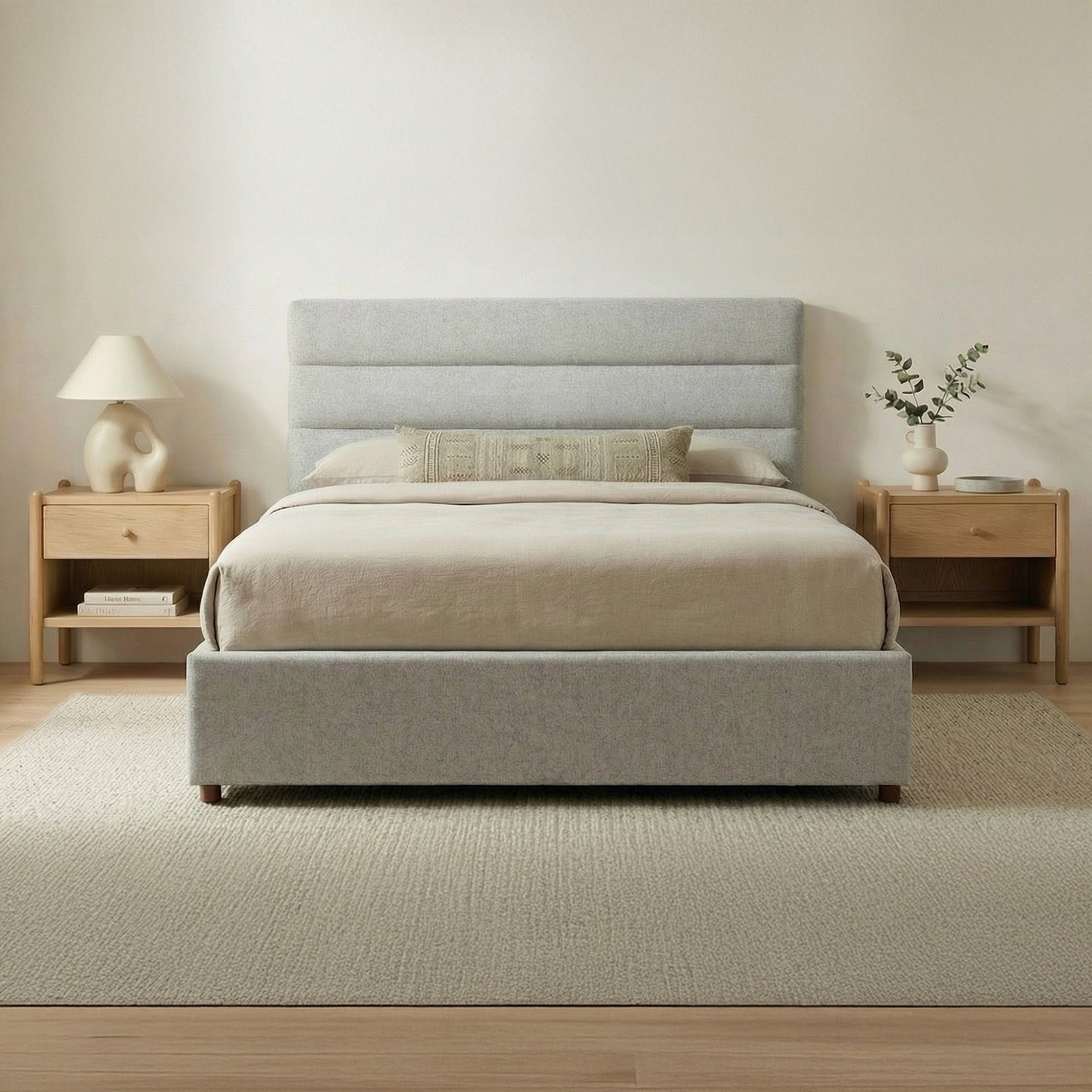 Clayton King Bed -100% Polyester Upholstery with Solid Pine in Light Grey
