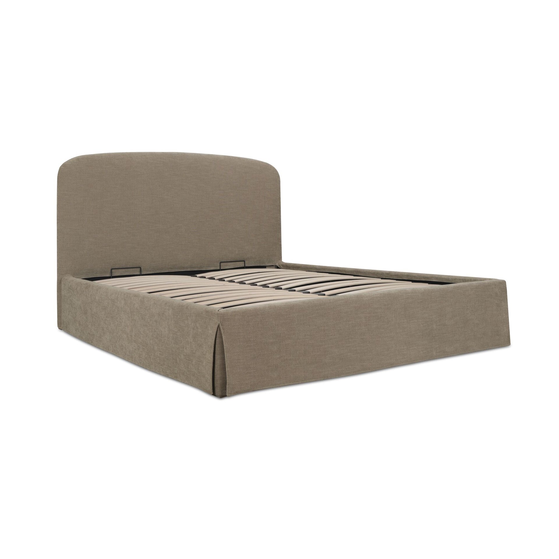 Prescott Queen Storage Bed, Polyester Fabric, Removable Washable Slipcover, Solid Wood Frame, Hydraulic Lift Storage, Taupe