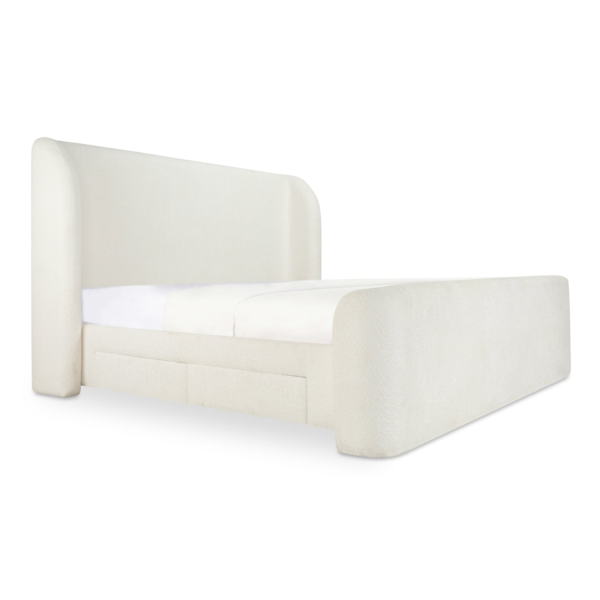 Omri, King Bed with Recycled Polyester Upholstery and Storage Drawers, Cream