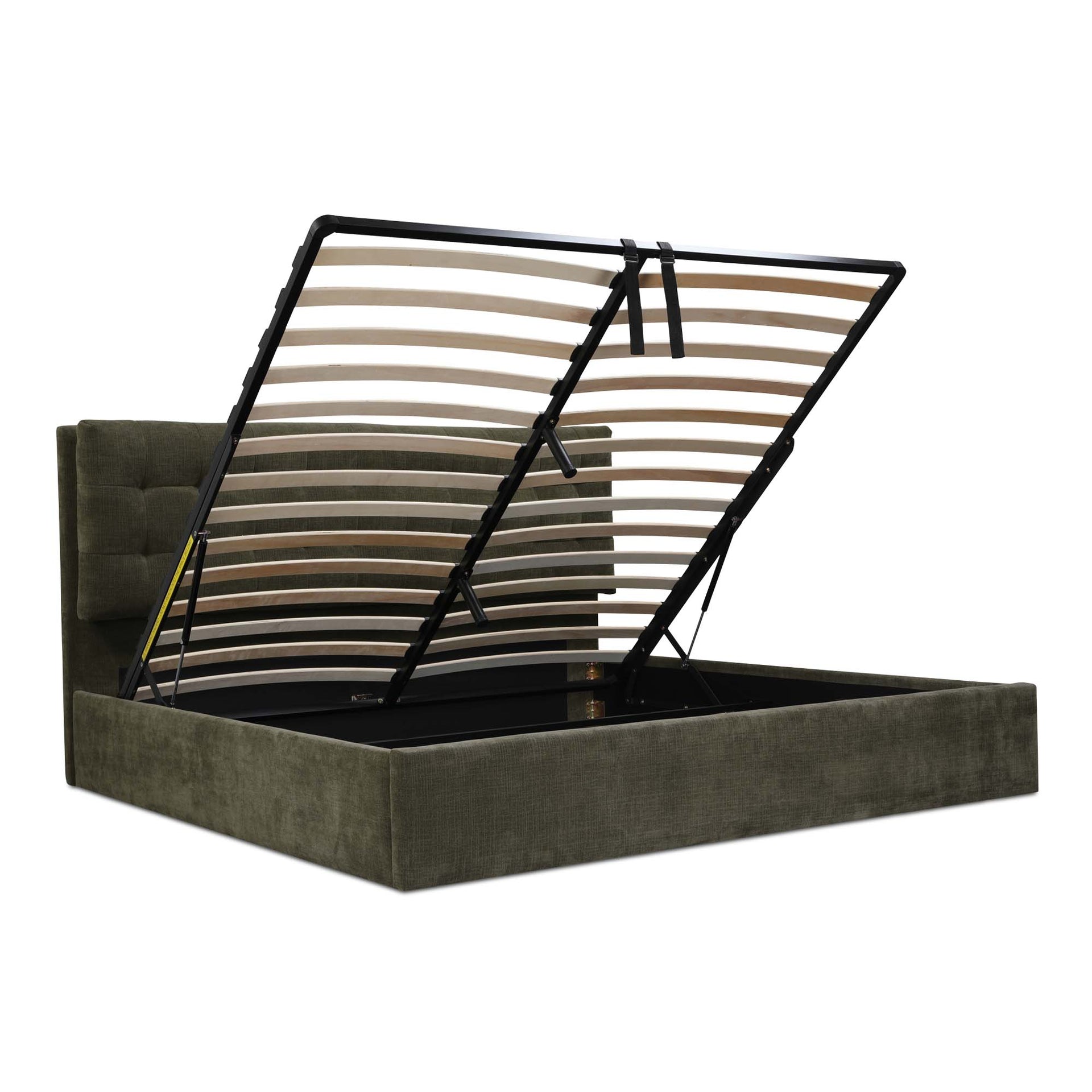 Aloura Queen Storage Bed, Polyester Fabric, Tufted Headboard, Hydraulic Lift Storage, Green