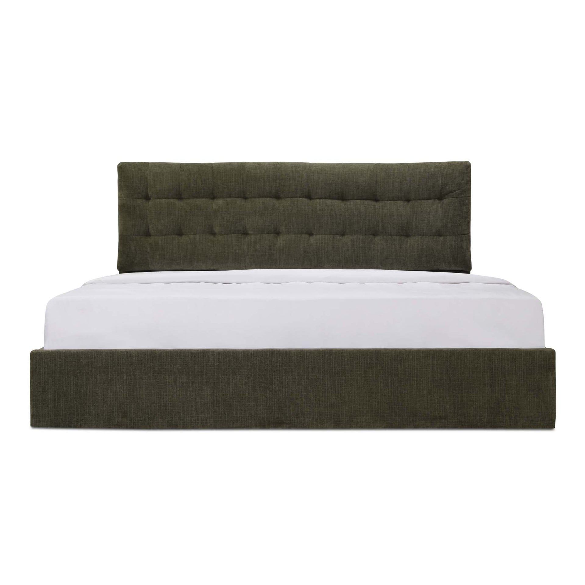 Aloura Queen Storage Bed, Polyester Fabric, Tufted Headboard, Hydraulic Lift Storage, Green