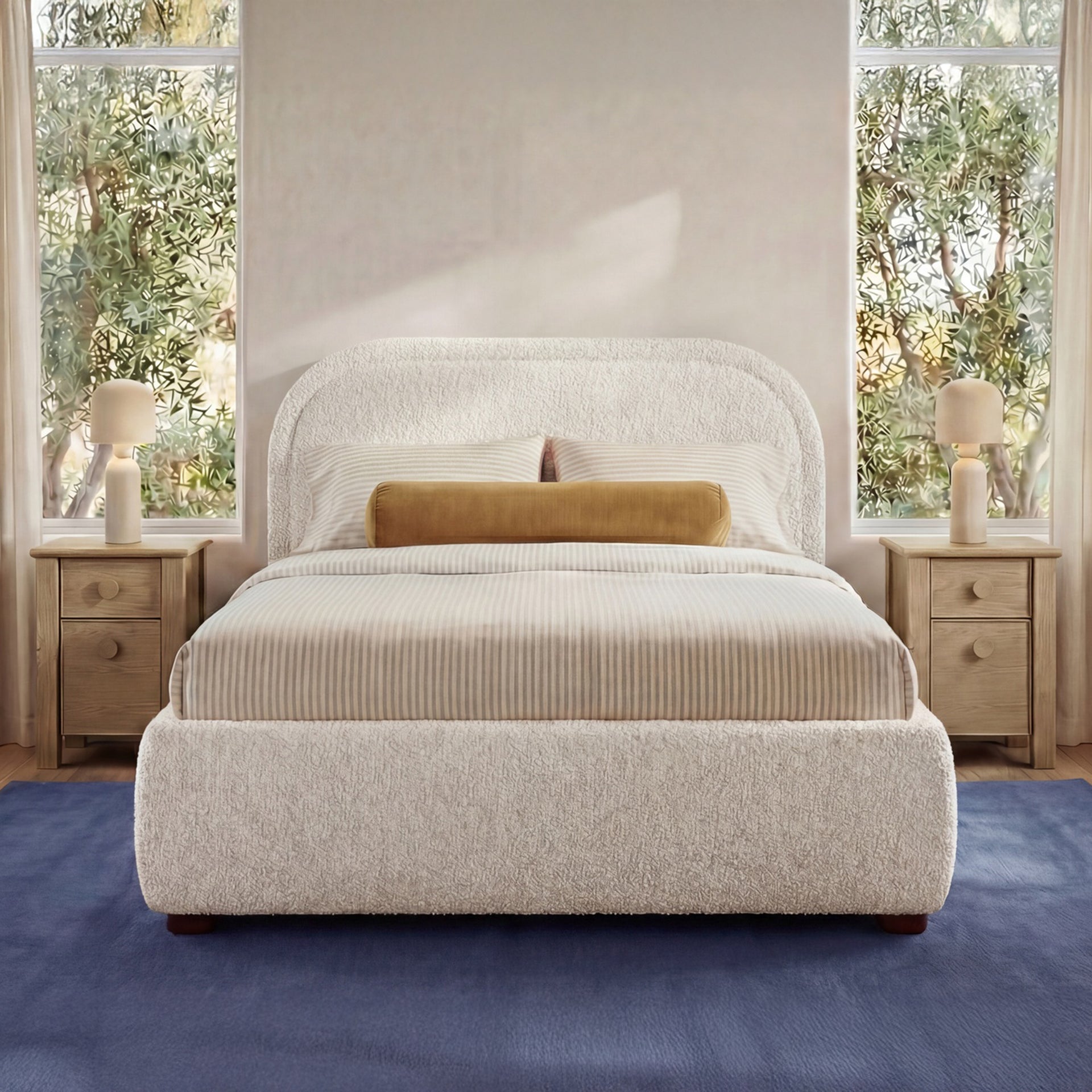Eros Twin Bed, Polyester and Acrylic Blend, Rounded Headboard, Bouclé-Look Upholstery, Curved Frame, Foam Padding, Oatmeal