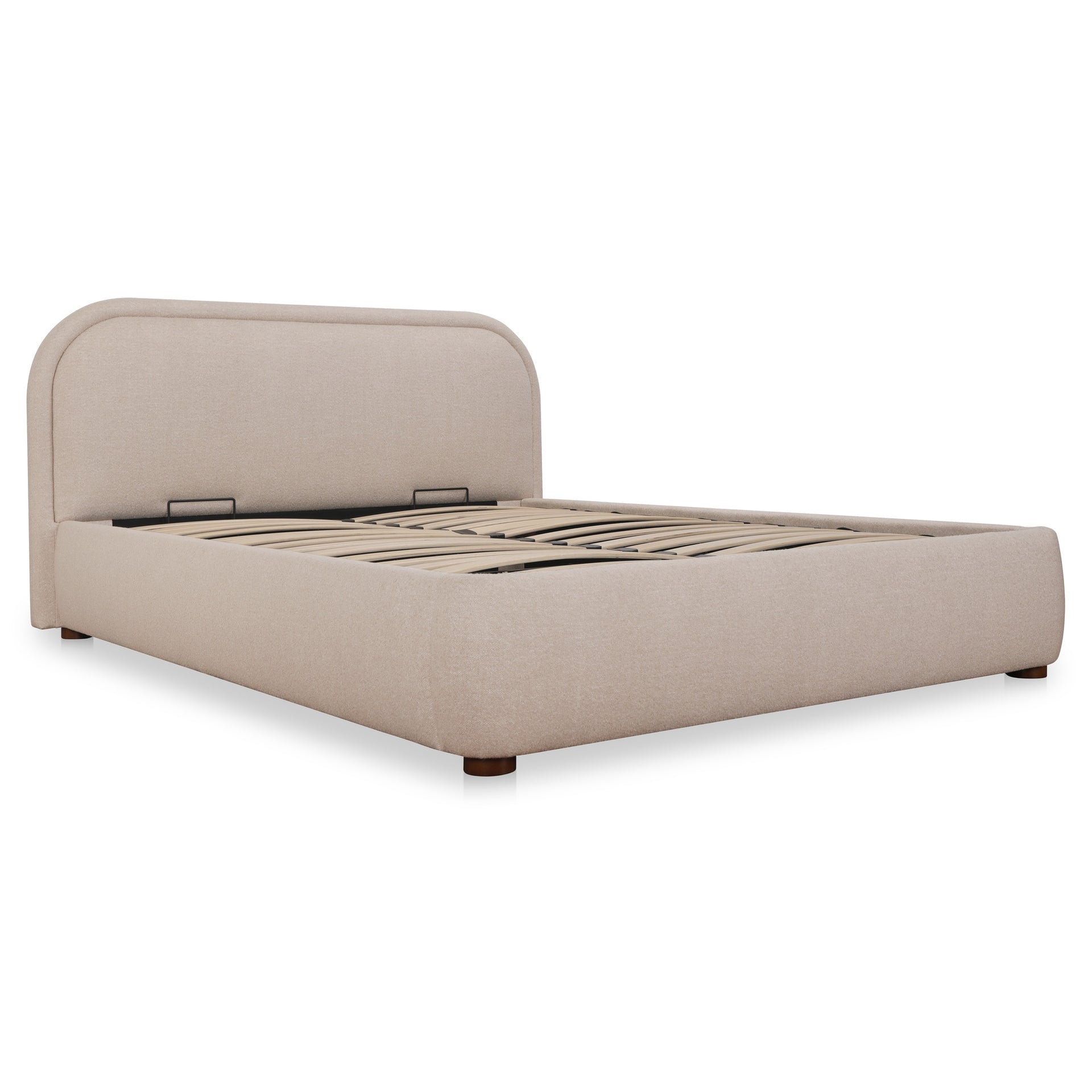 Eros Queen Storage Bed, Polyester Blend, Rounded Headboard, Bouclé-Look Upholstery, Hydraulic Lift Storage, Light Brown