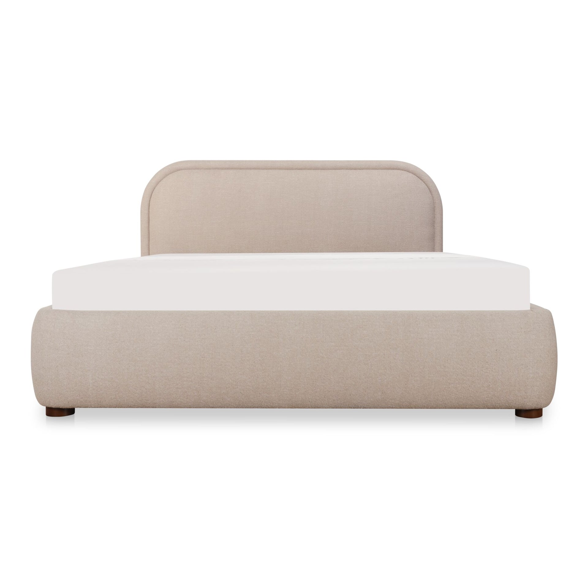 Eros King Storage Bed, Polyester Blend, Rounded Headboard, Bouclé-Look Upholstery, Hydraulic Lift Storage, Light Brown