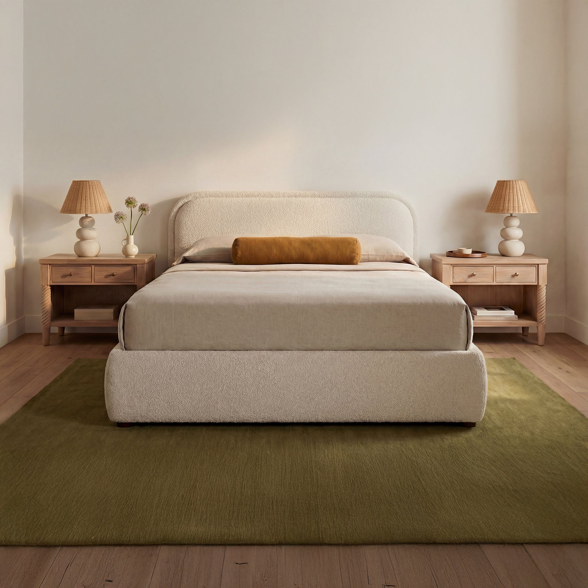 Eros King Storage Bed, Polyester and Acrylic Blend, Rounded Headboard, Bouclé-Look Upholstery, Hydraulic Lift Storage, Oatmeal