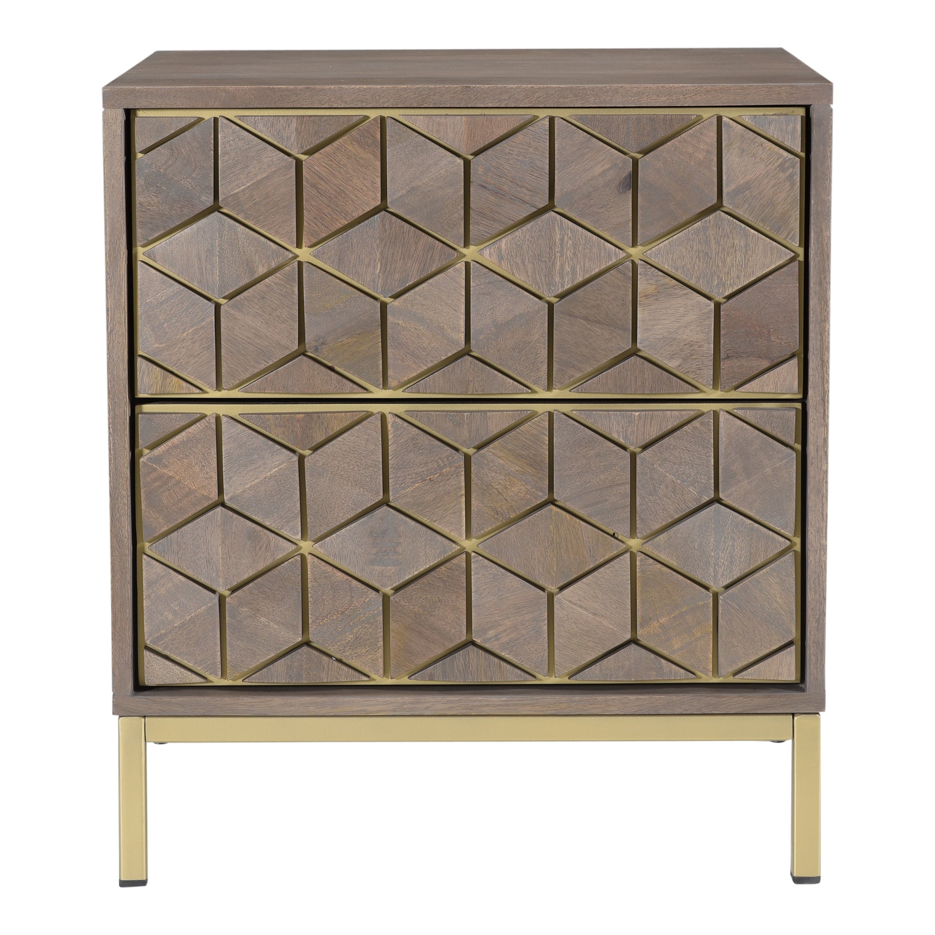 Meadow, Nightstand Solid Mango Wood and Natural Brass Finish, Grey