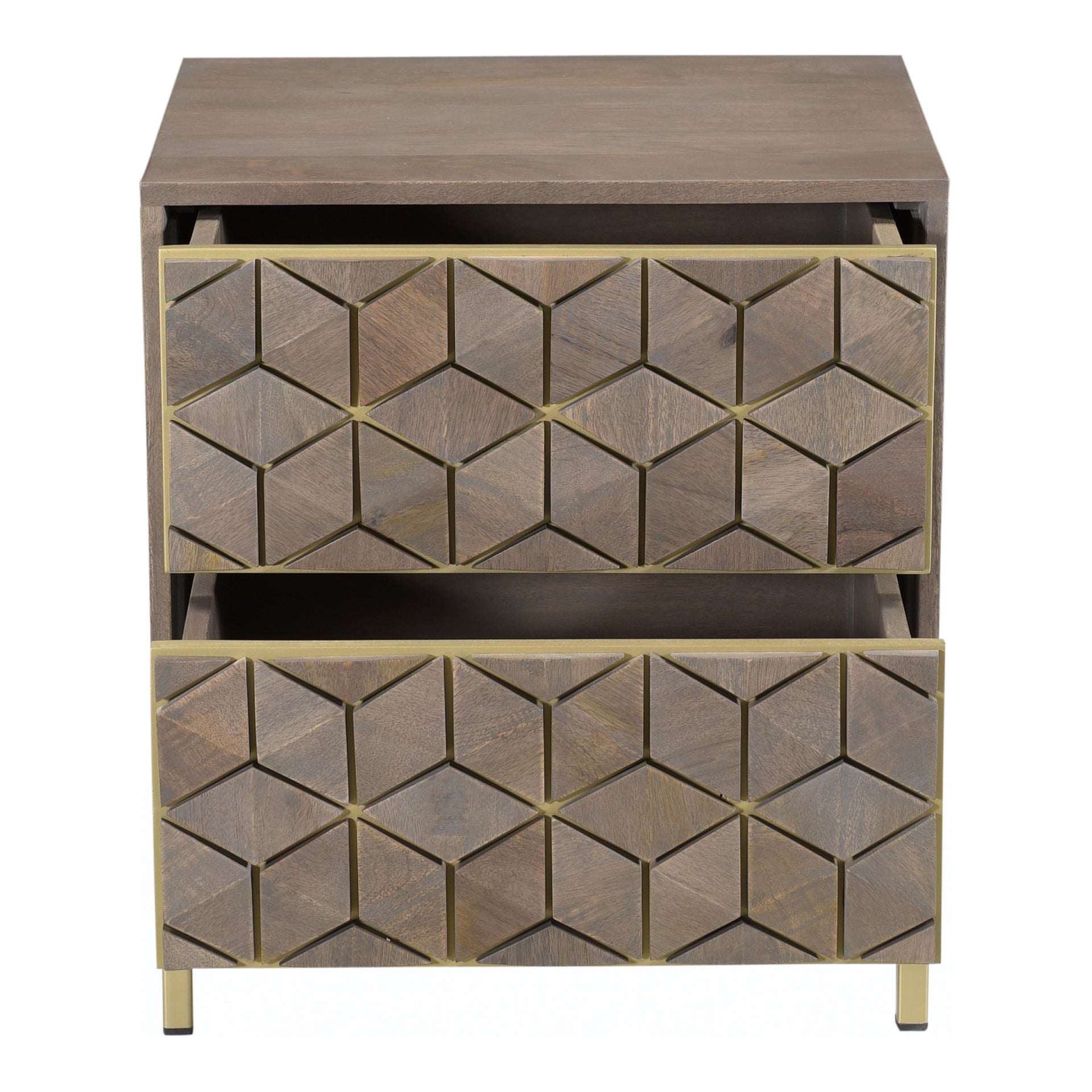 Meadow, Nightstand Solid Mango Wood and Natural Brass Finish, Grey
