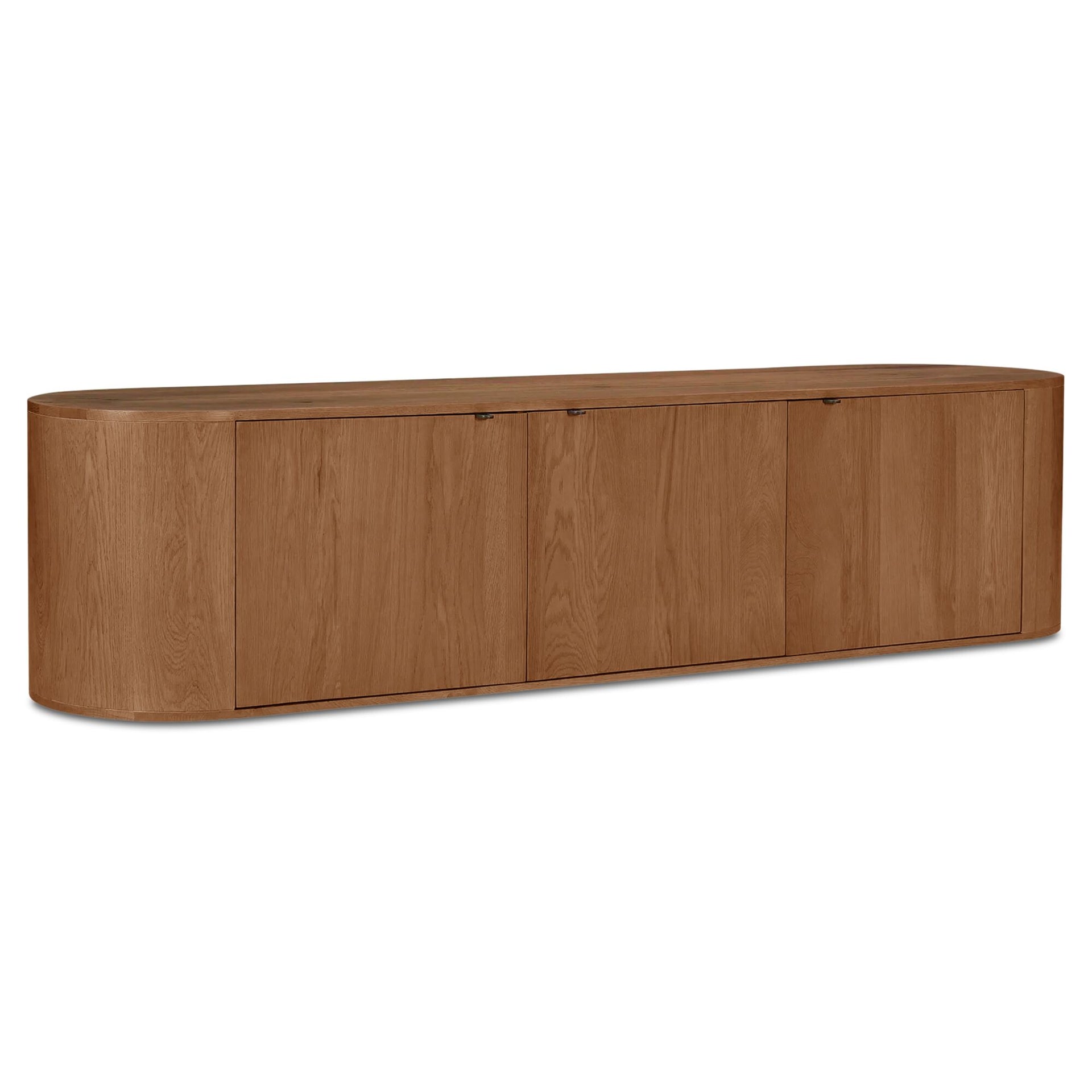Yasmin Media Bench, Rectangular, Solid Oak, Oak Veneer Over MDF, Soft-Close Doors, Cable Management, One Shelf, Brown