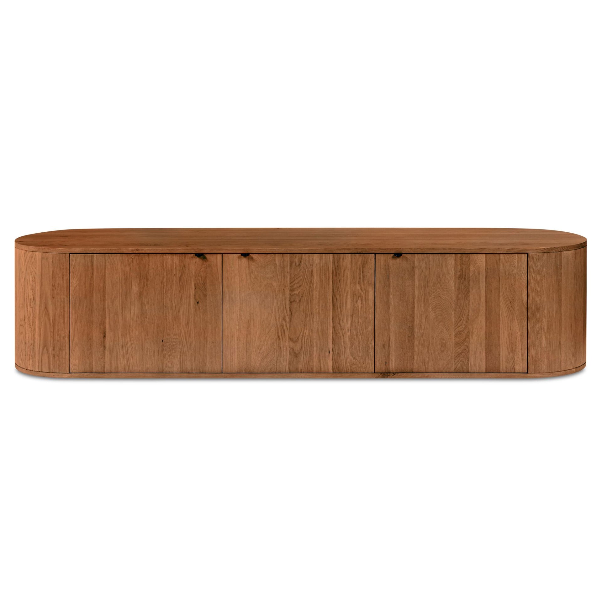 Yasmin Media Bench, Rectangular, Solid Oak, Oak Veneer Over MDF, Soft-Close Doors, Cable Management, One Shelf, Brown