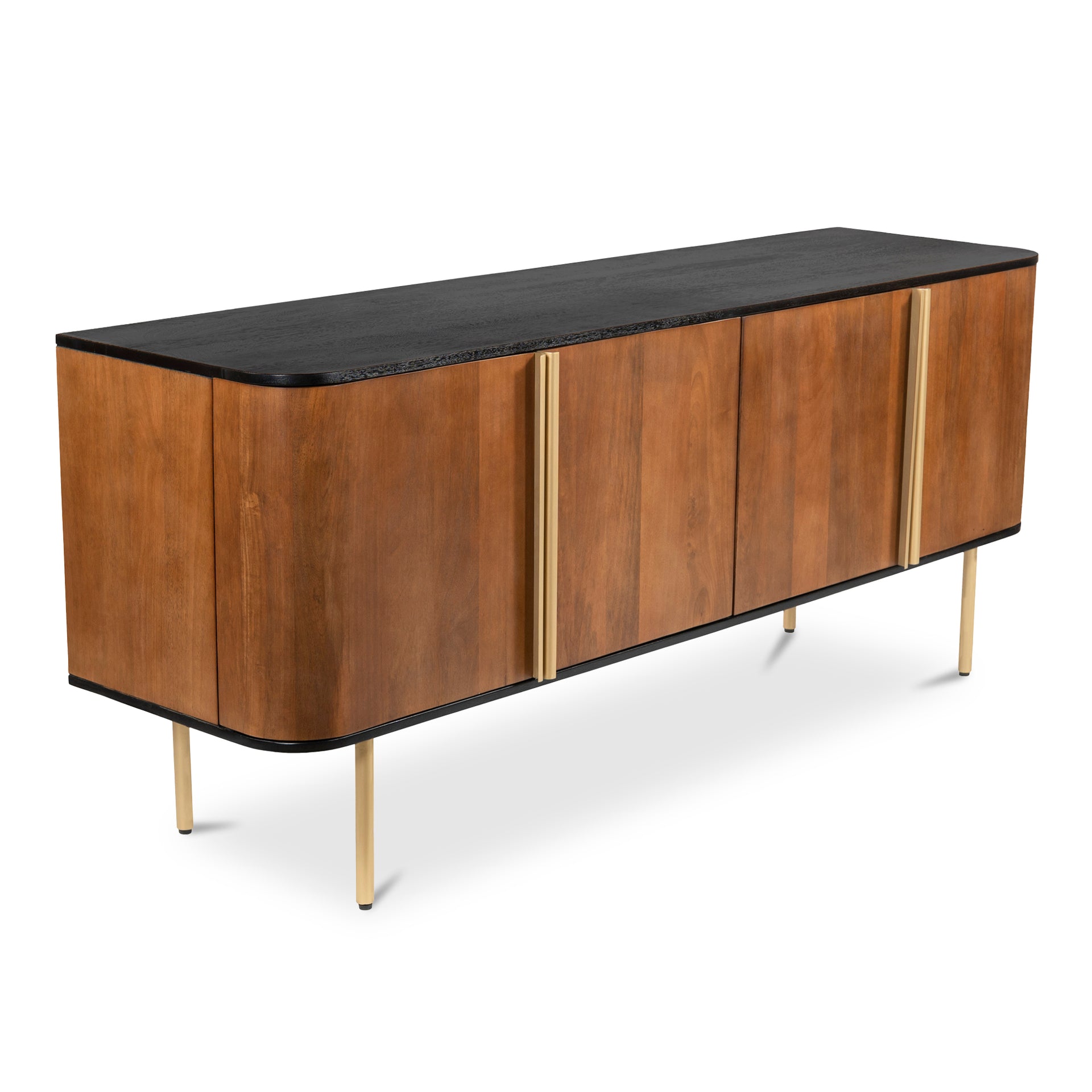 Warwick Sideboard, Mango Wood, Dark Brown Matt Finish, Rectangular, Yellow Brass Accents