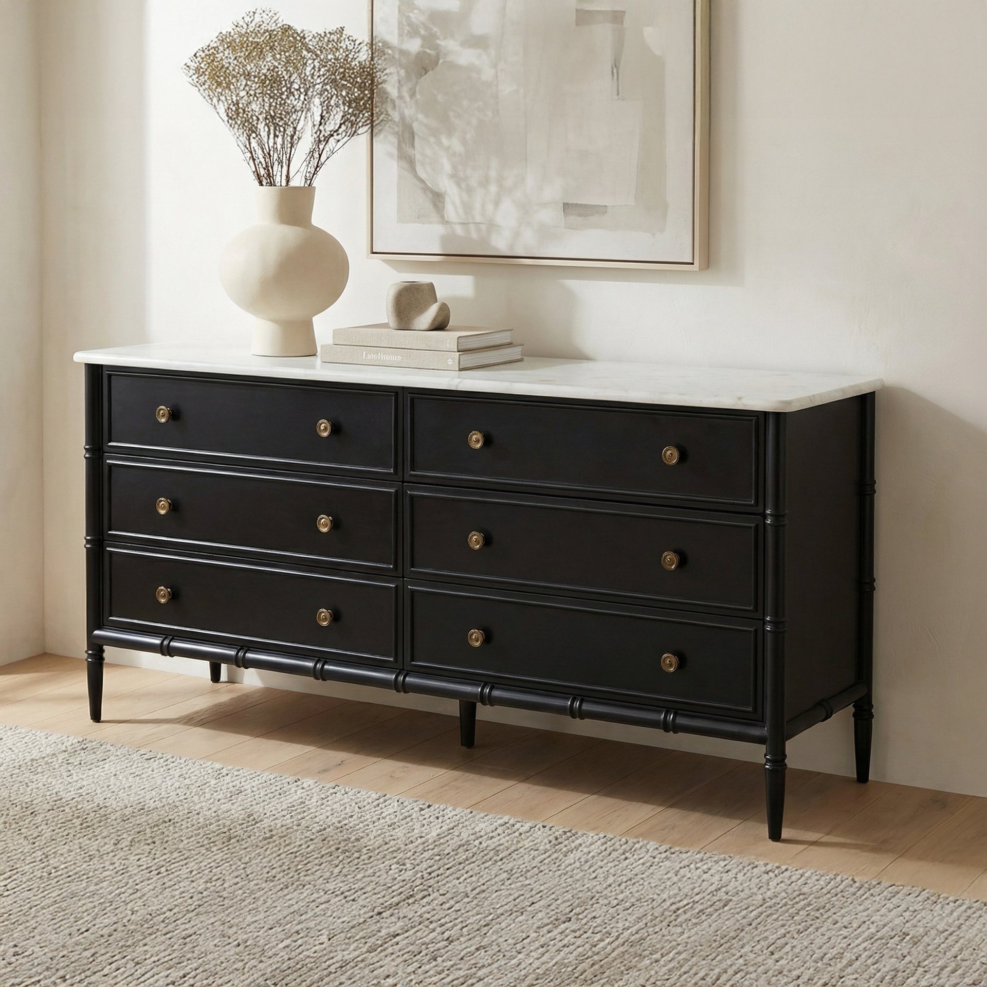 Tatum Dresser, Banswara Marble Top with MDF Frame and Solid Mango Wood Legs, 5-Drawer, Black