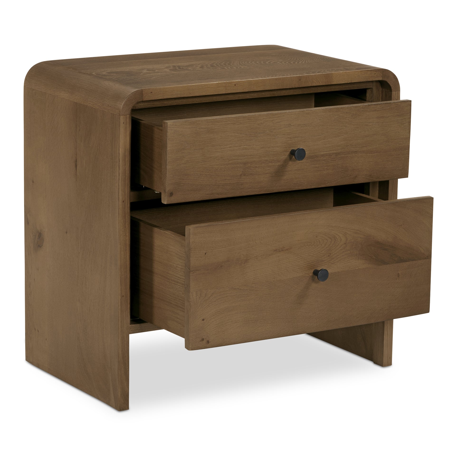 Solene Nightstand, Waterfall Edge, Solid Oak Frame with Veneer Storage Drawers, Oak