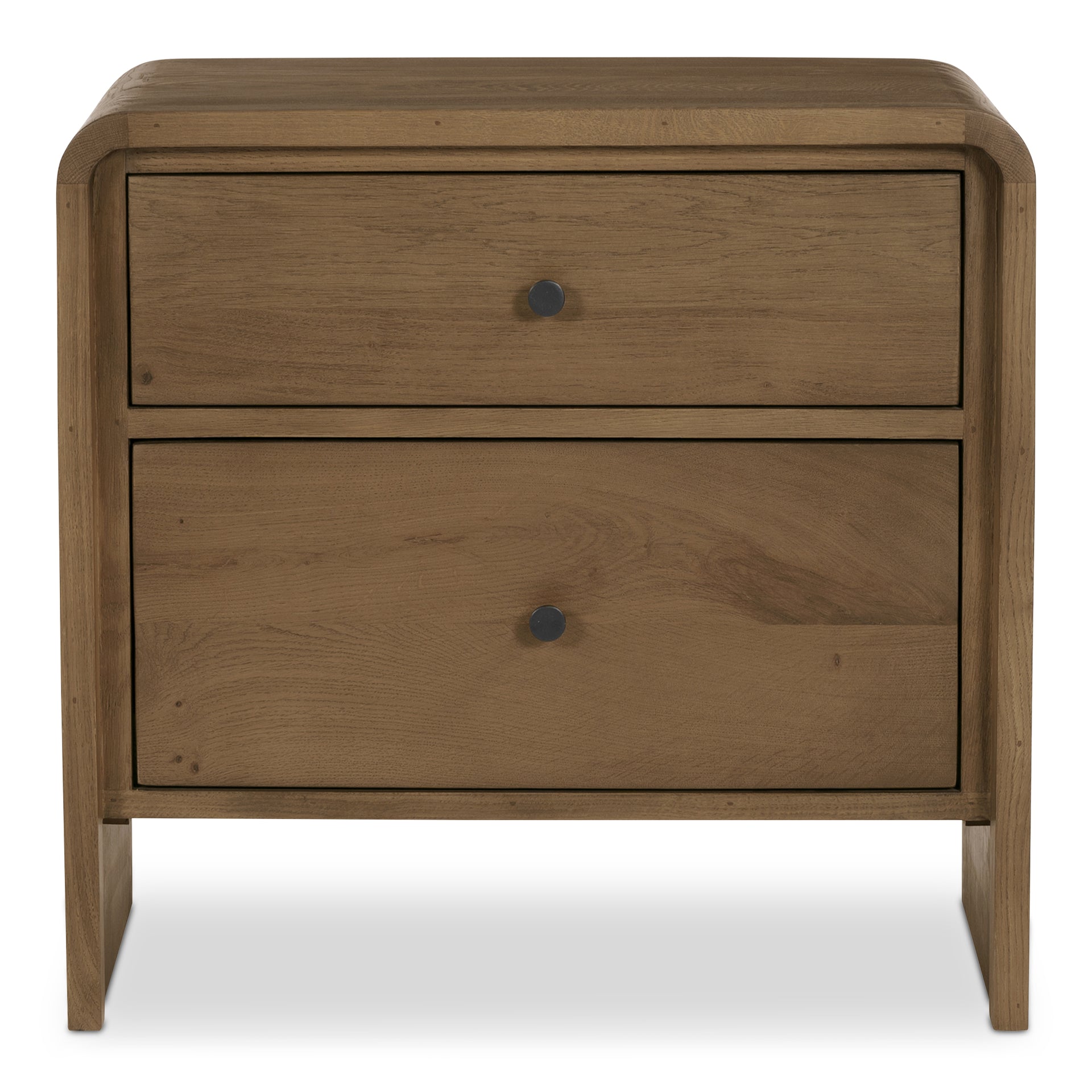 Solene Nightstand, Waterfall Edge, Solid Oak Frame with Veneer Storage Drawers, Oak
