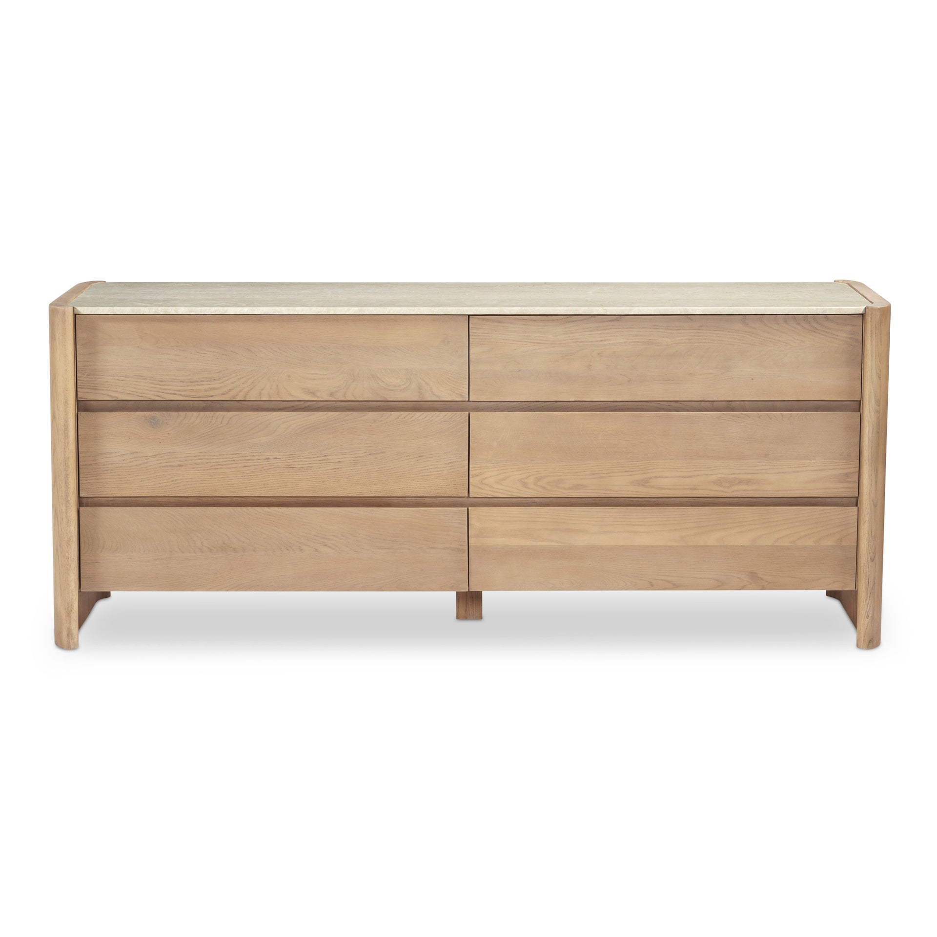 Galatea Dresser, 6 Drawer Solid Oak with Italian Botticino Marble Inset Top, Curved Base Detailing, Natural