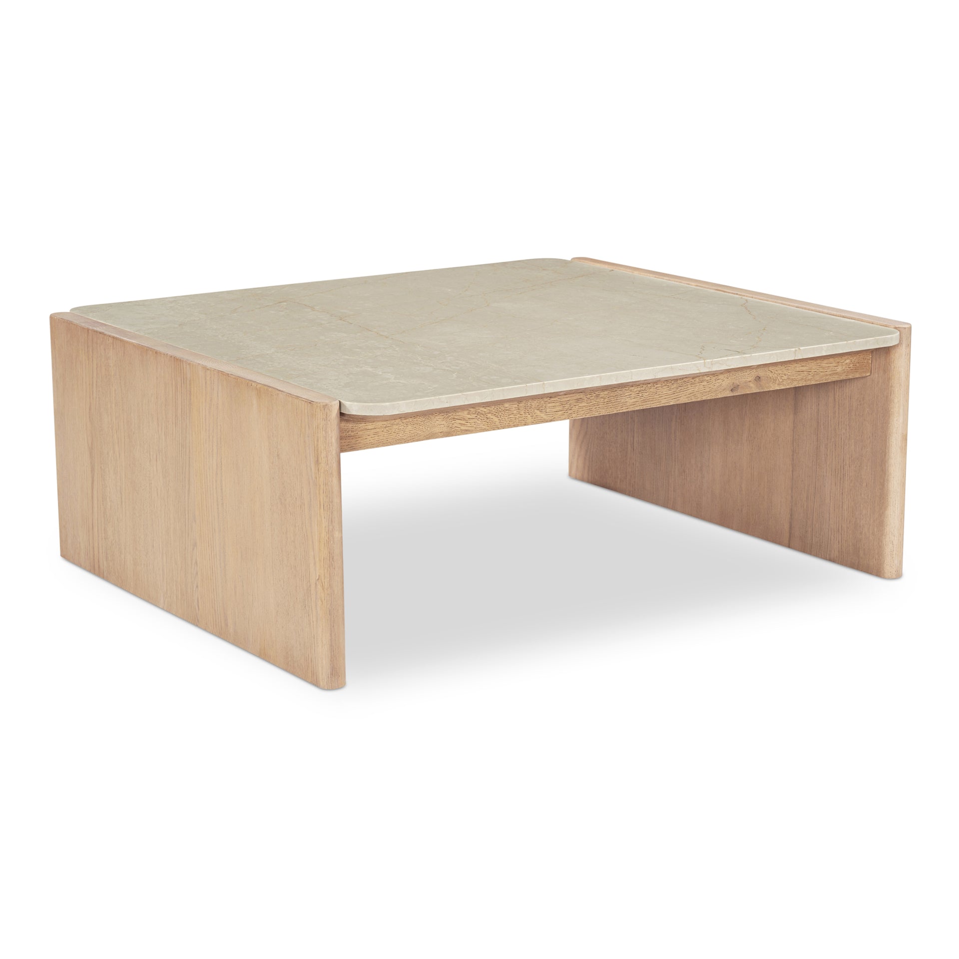 Galatea Coffee Table, Inset Botticino Marble Top with Solid Oak Curved Base, Round Shape, Natural