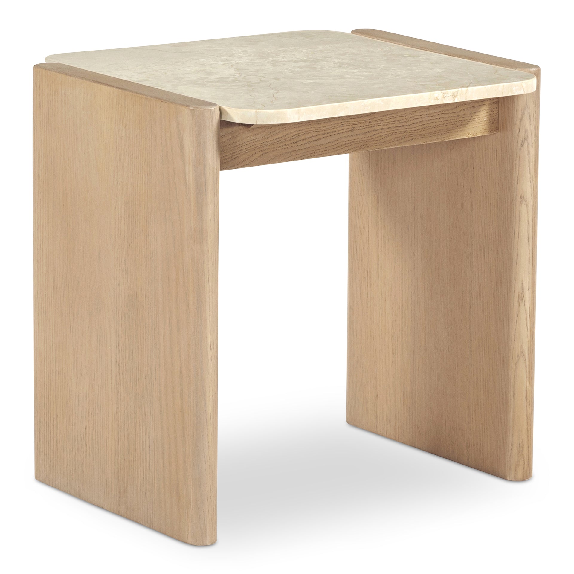 Galatea Accent Table, Inset Botticino Marble Top, Curved Solid Oak Base, Natural Finish