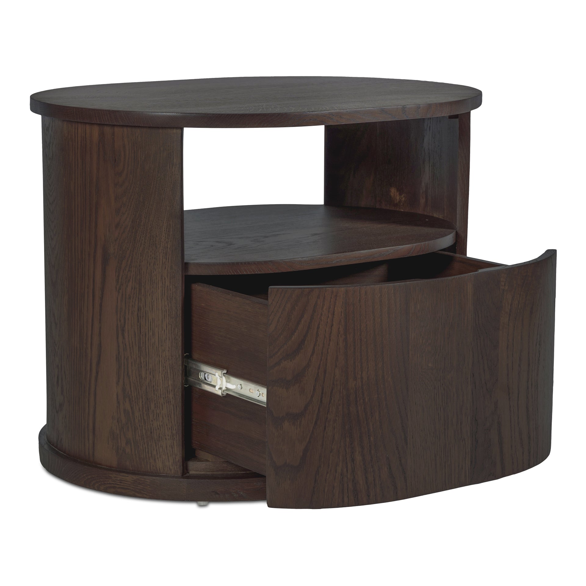 Nirelia Nightstand, Capsule Shape in Solid Oak and Oak Veneer, Dark Brown