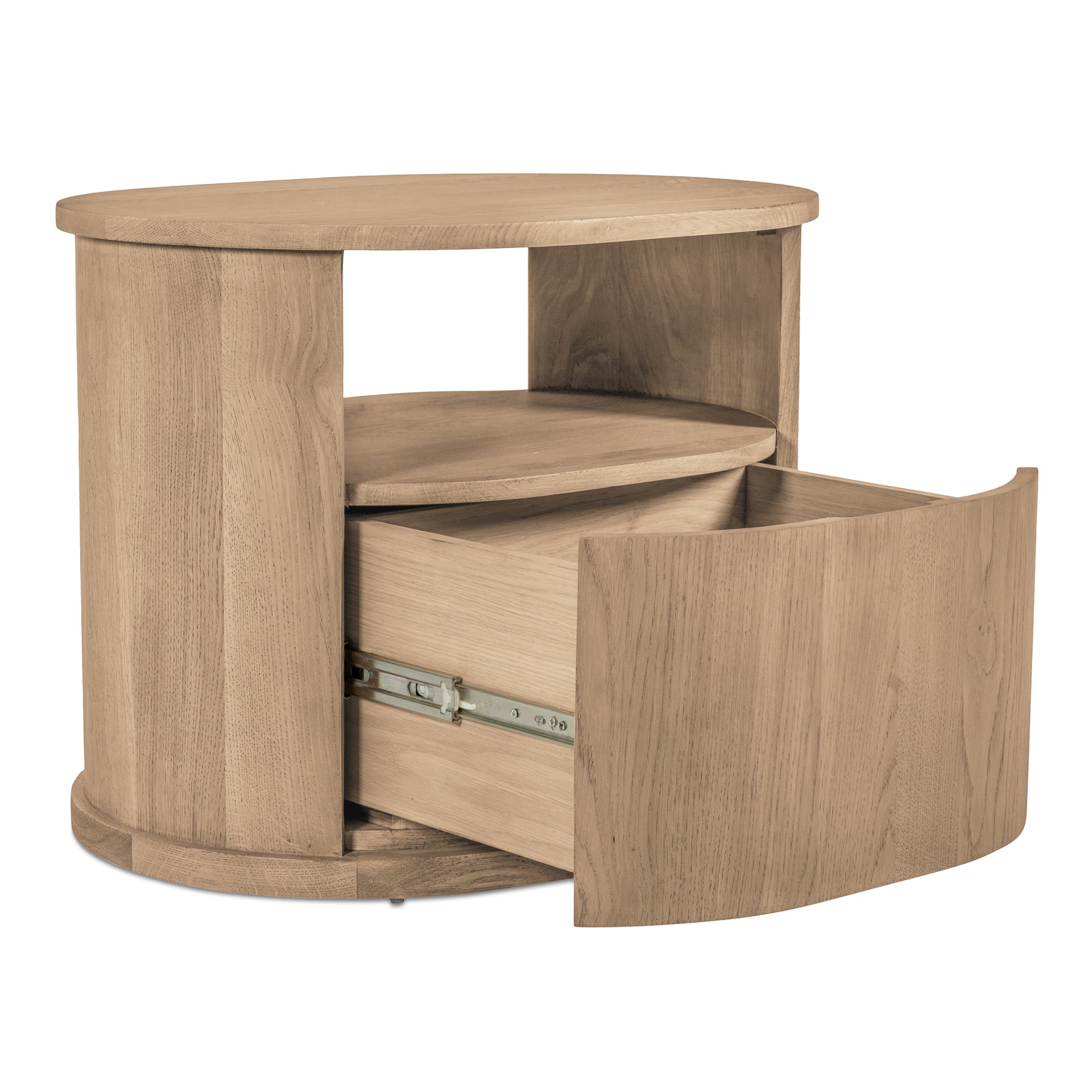 Nirelia Nightstand, Capsule Shape in Solid Oak and Oak Veneer, Natural Finish