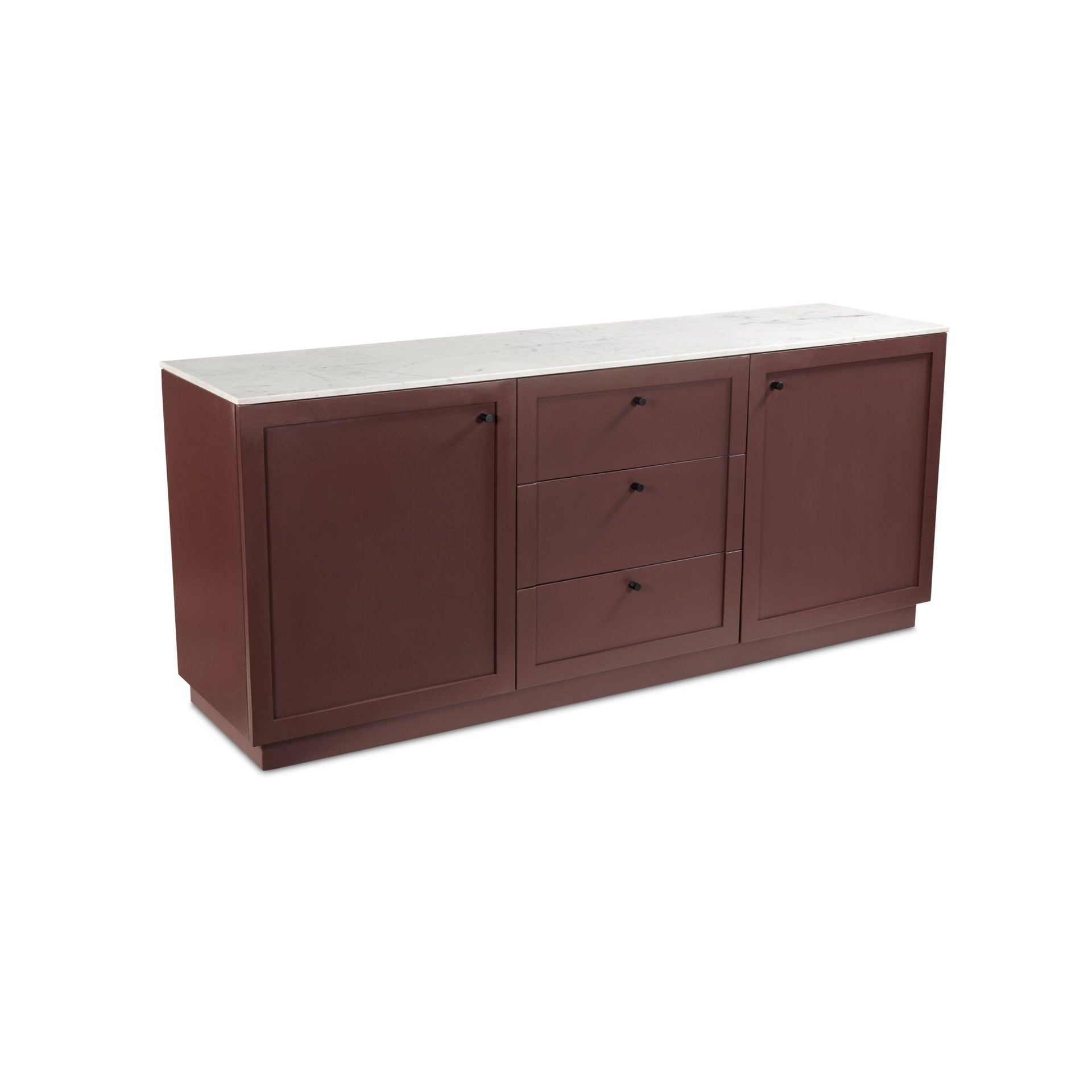 Blaise Sideboard, Rectangular White Banswara Marble Top, Mango Wood Frame, Deep Burgundy
