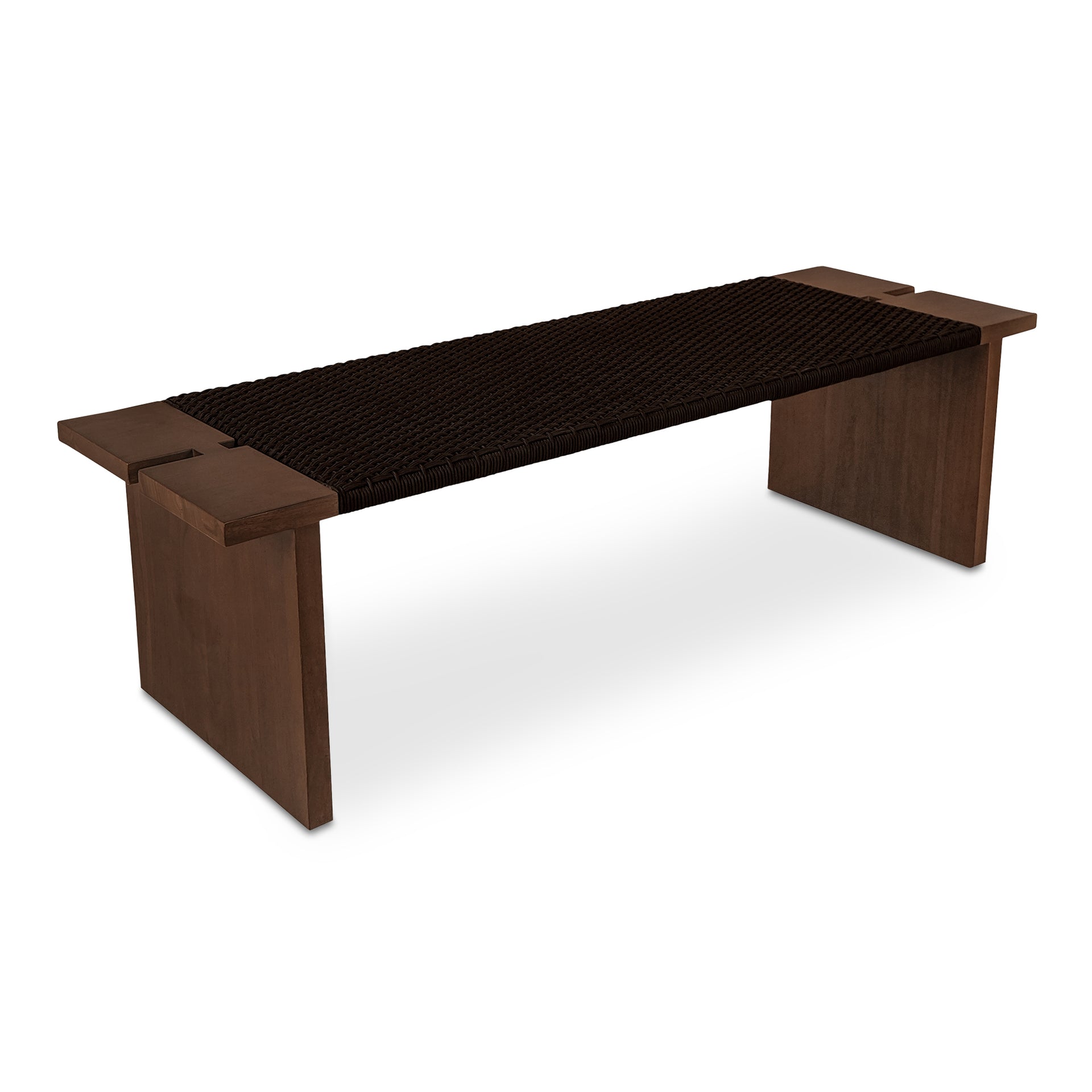 Caelisse Outdoor Bench, Woven Synthetic Hyacinth Seat, Teak Wood Frame, Dark Brown