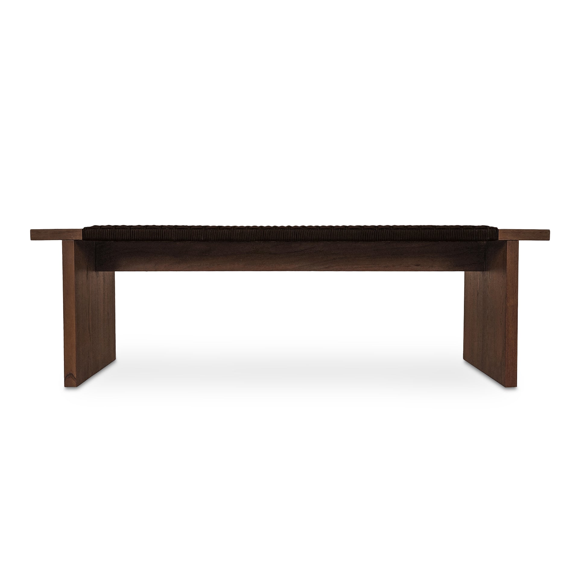Caelisse Outdoor Bench, Woven Synthetic Hyacinth Seat, Teak Wood Frame, Dark Brown